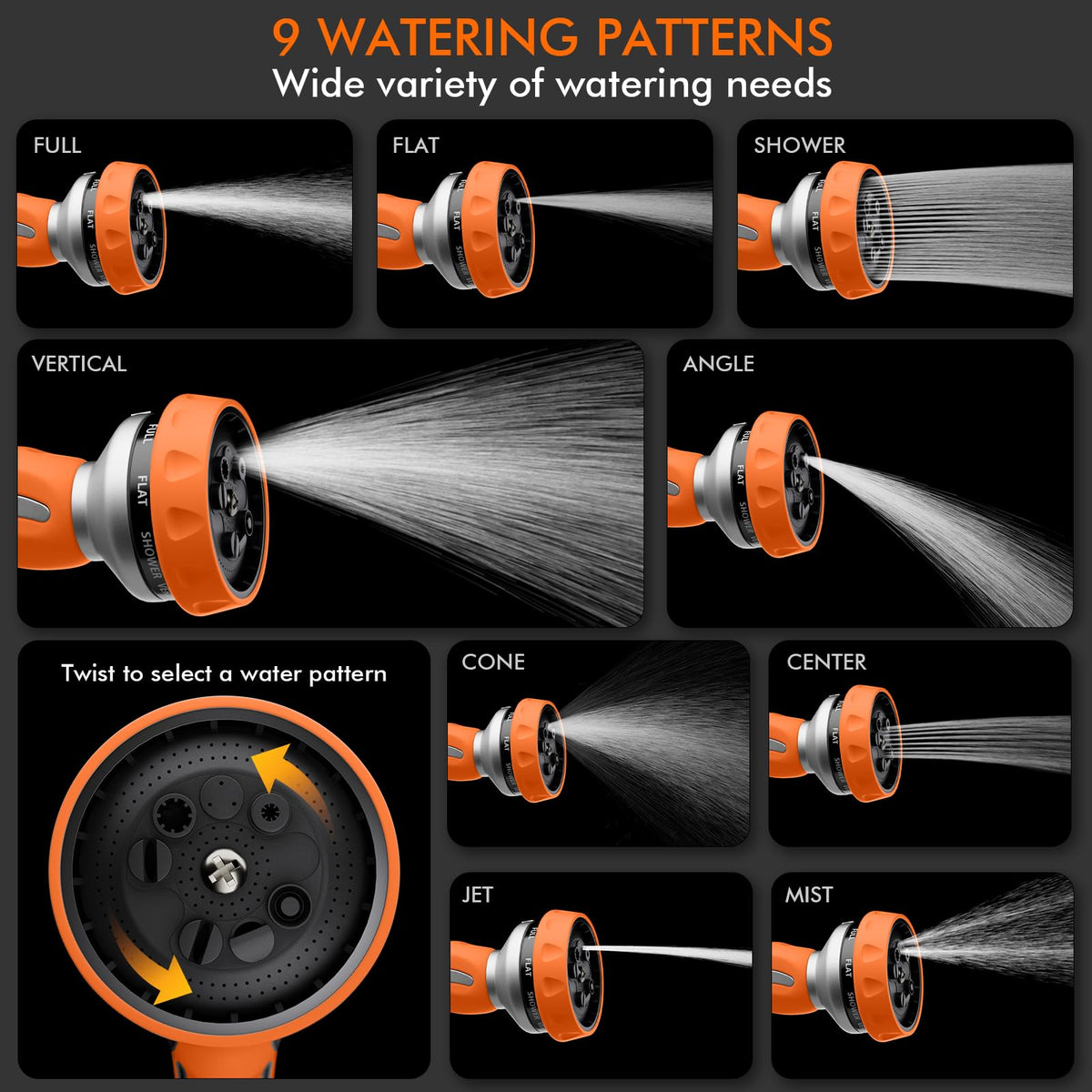 RESTMO Hose Nozzle Heavy Duty, Metal Water Hose Sprayer for Garden, 9 Spray Patterns | High Pressure | Thumb Flow Control | On/Off Valve, Ideal for Lawn & Plant Watering, Car & Pet Washing, Orange