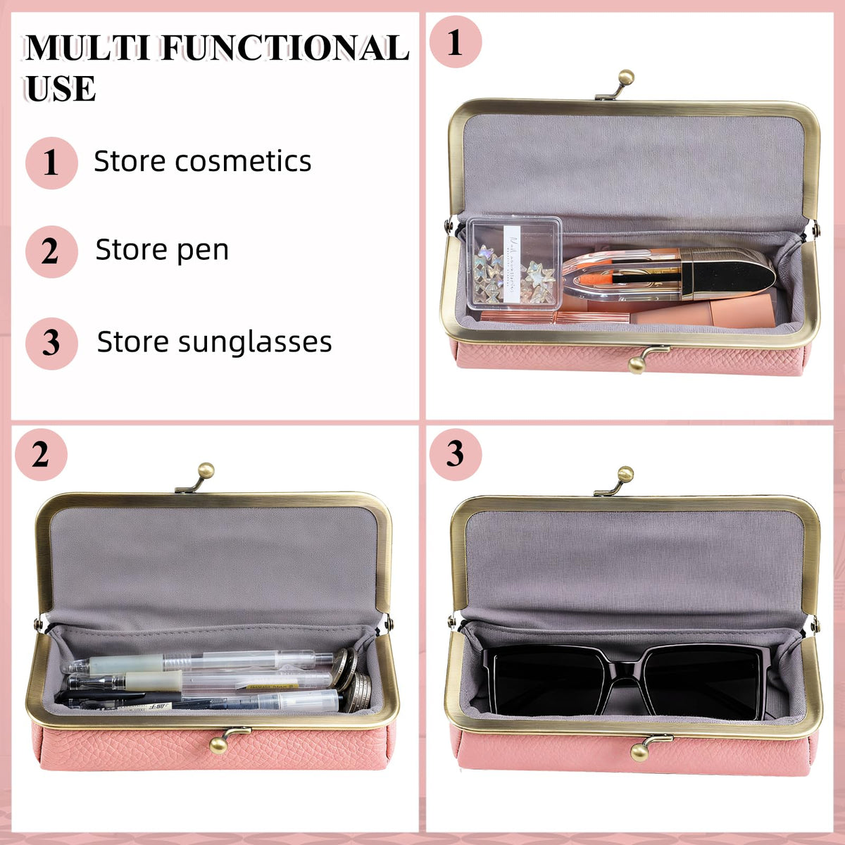 LIYAZHIL Leather Sunglasses Case, Soft Glasses Bag with Kiss Lock Vintage Eyewear Storage for Men and Women (Pink)