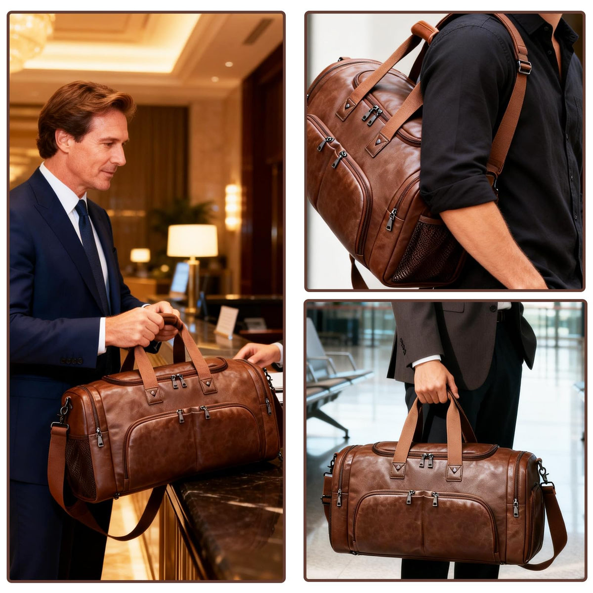 Leather Travel Duffle Bags for Men Women, Weekender Overnight Bag with Shoe Compartment Waterproof Carry on Duffle Bags for Airplanes Gym Sport Business Bag