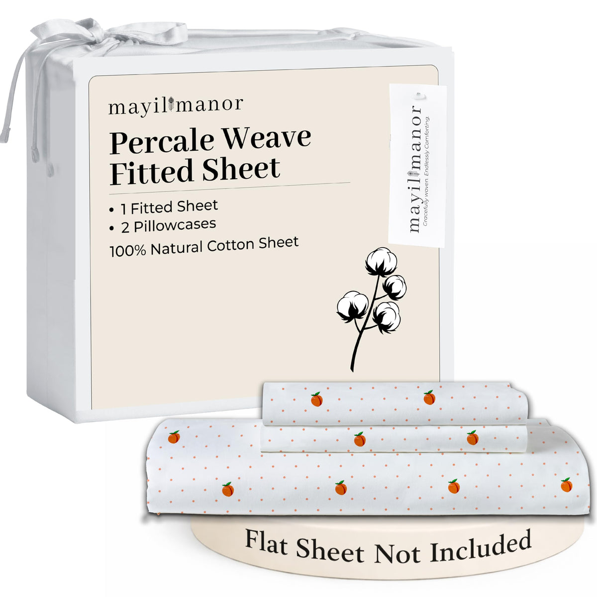 Mayil Manor Queen Size Fitted Sheet with 18" Deep Pockets, No Flat - Percale Weave Natural - Breathable 100% Cotton Printed Bedding, 1 Fitted Sheet + 2 Pillowcases - Peach Dot Print