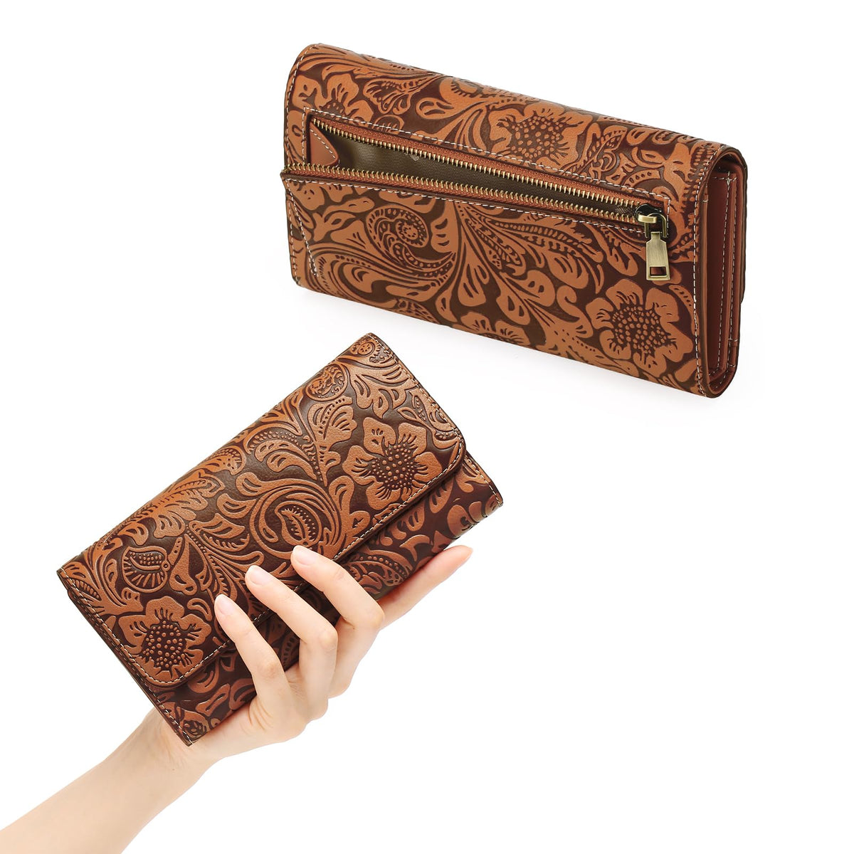 GOIACII Women's Wallet RFID Blocking Long Clutch Ladies Purse Vegan Leather Embossed Flower Brown