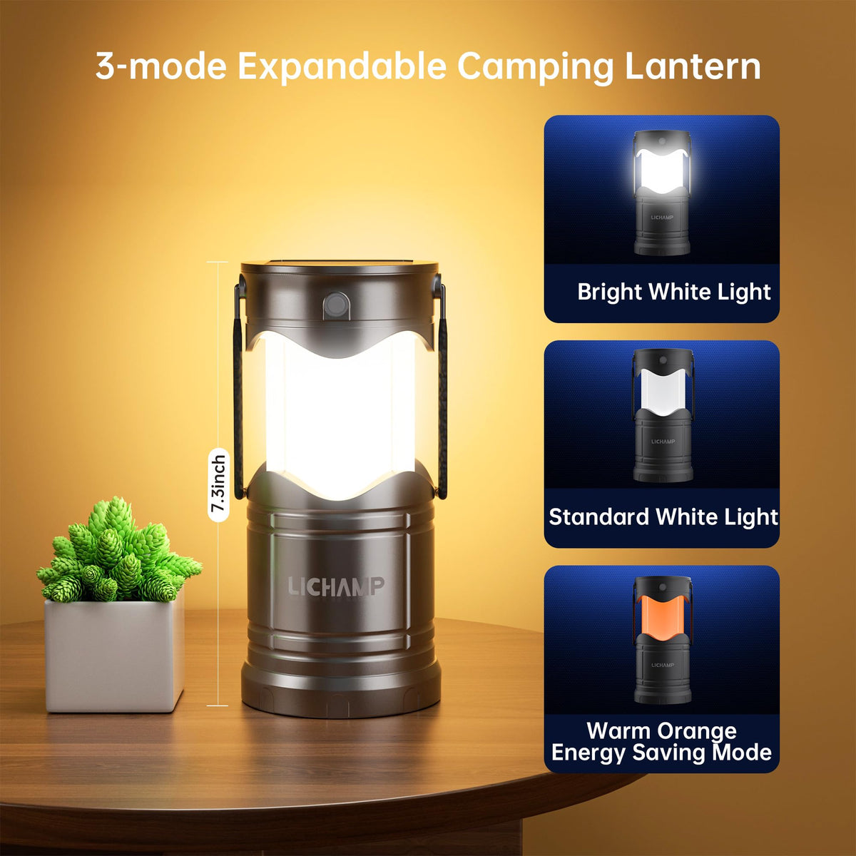 Lichamp Solar Camping Lantern, USB Rechargeable LED, 3 Modes, Dark Gray, Model CLS-K001GH