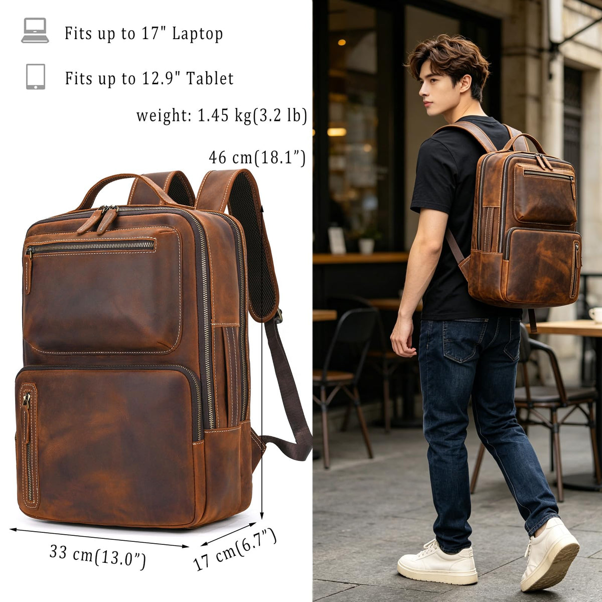 JulBean Full Grain Leather 15.6 Laptop Backpack for Men Work Commute Casual Daypack
