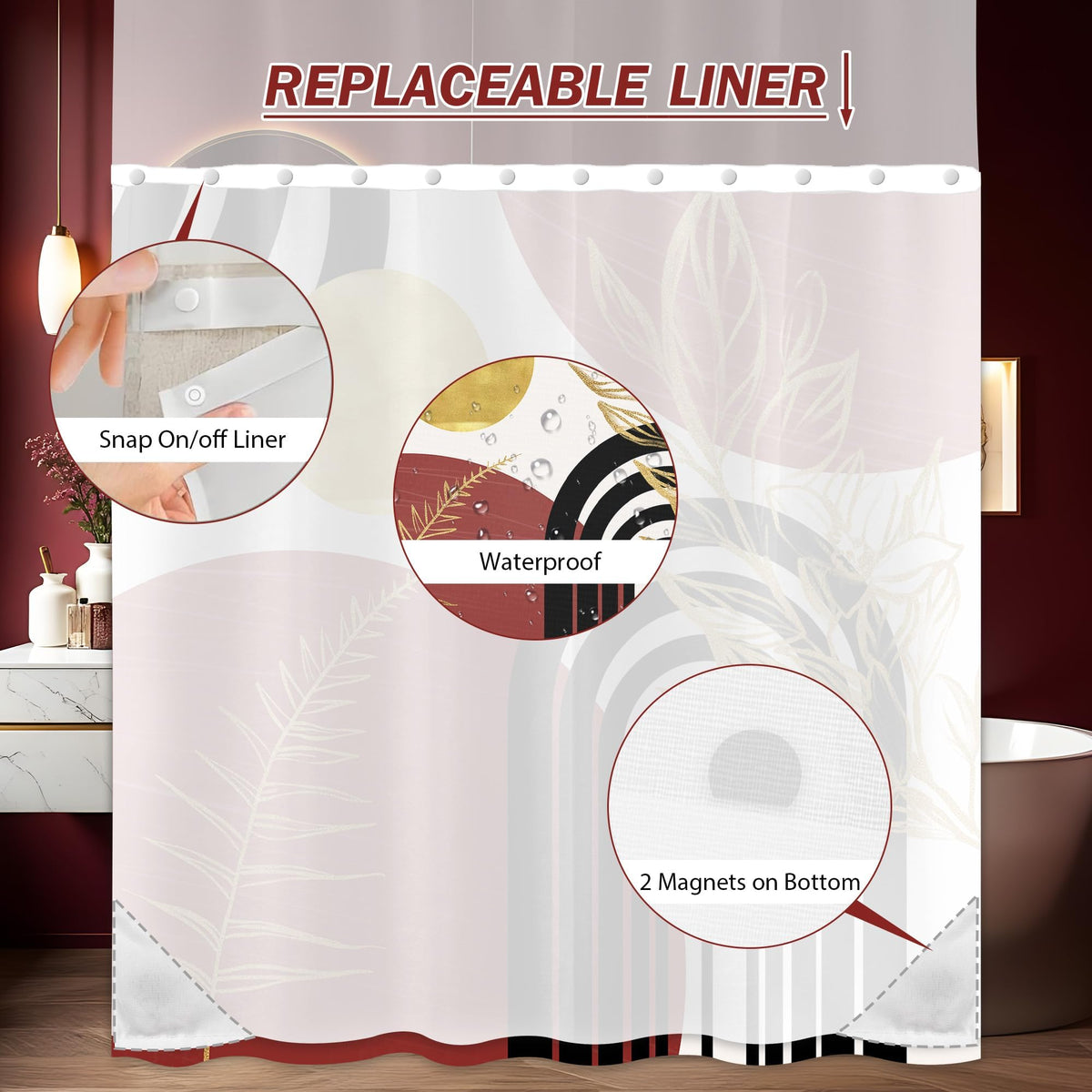 Bxpaitx Black and Red Boho See Through Mesh Top Shower Curtain with Window, Dark Red Mid Century Modern Mens Double Layer Shower Curtains with Snap in Liner, Waterproof Fabric with Hooks, 71x72 in