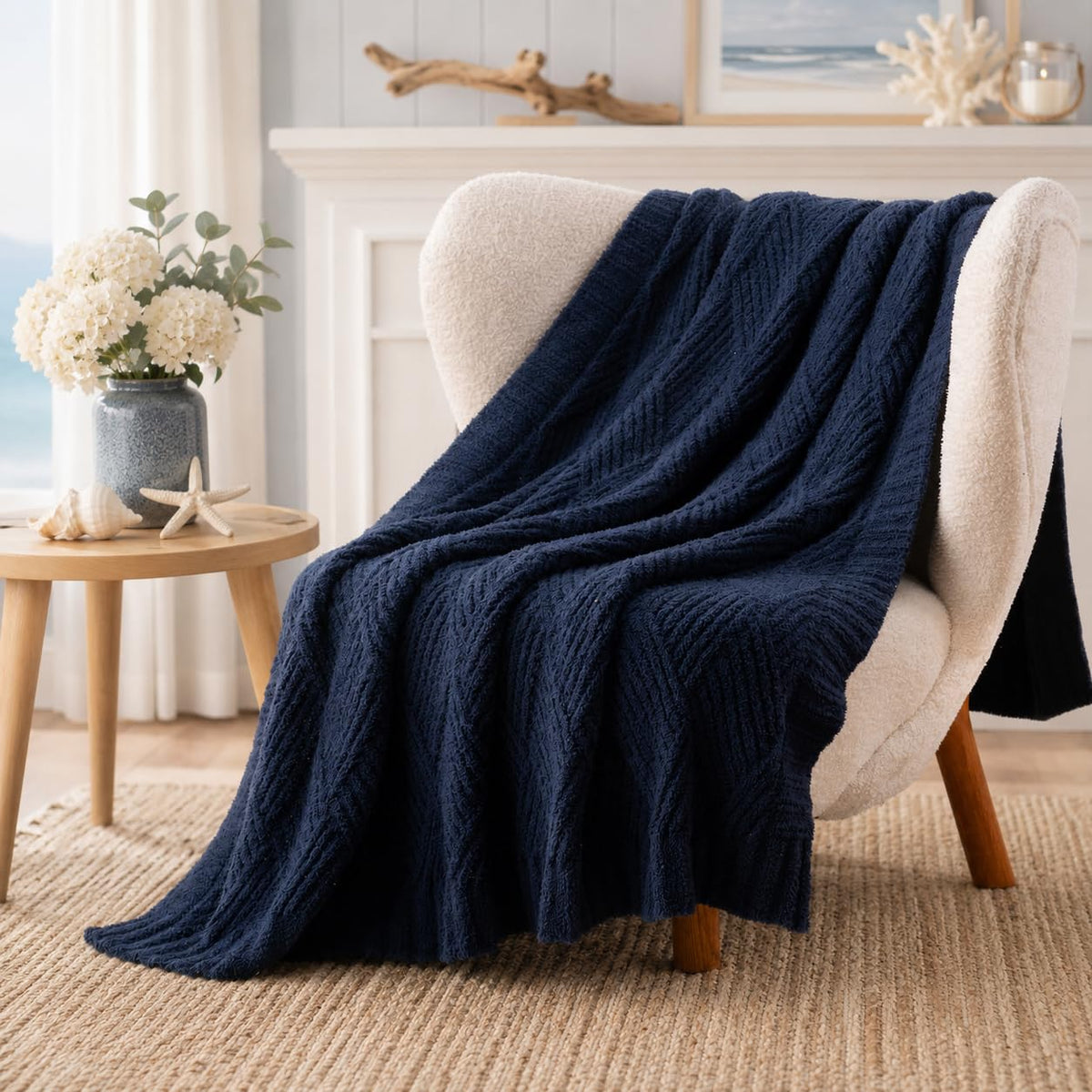 Battilo Navy Blue Chenille Throw Blanket for Couch, Soft Diamond Textured Knit Blanket, Cozy Lightweight Decorative Blankets for Sofa, 50"x60"