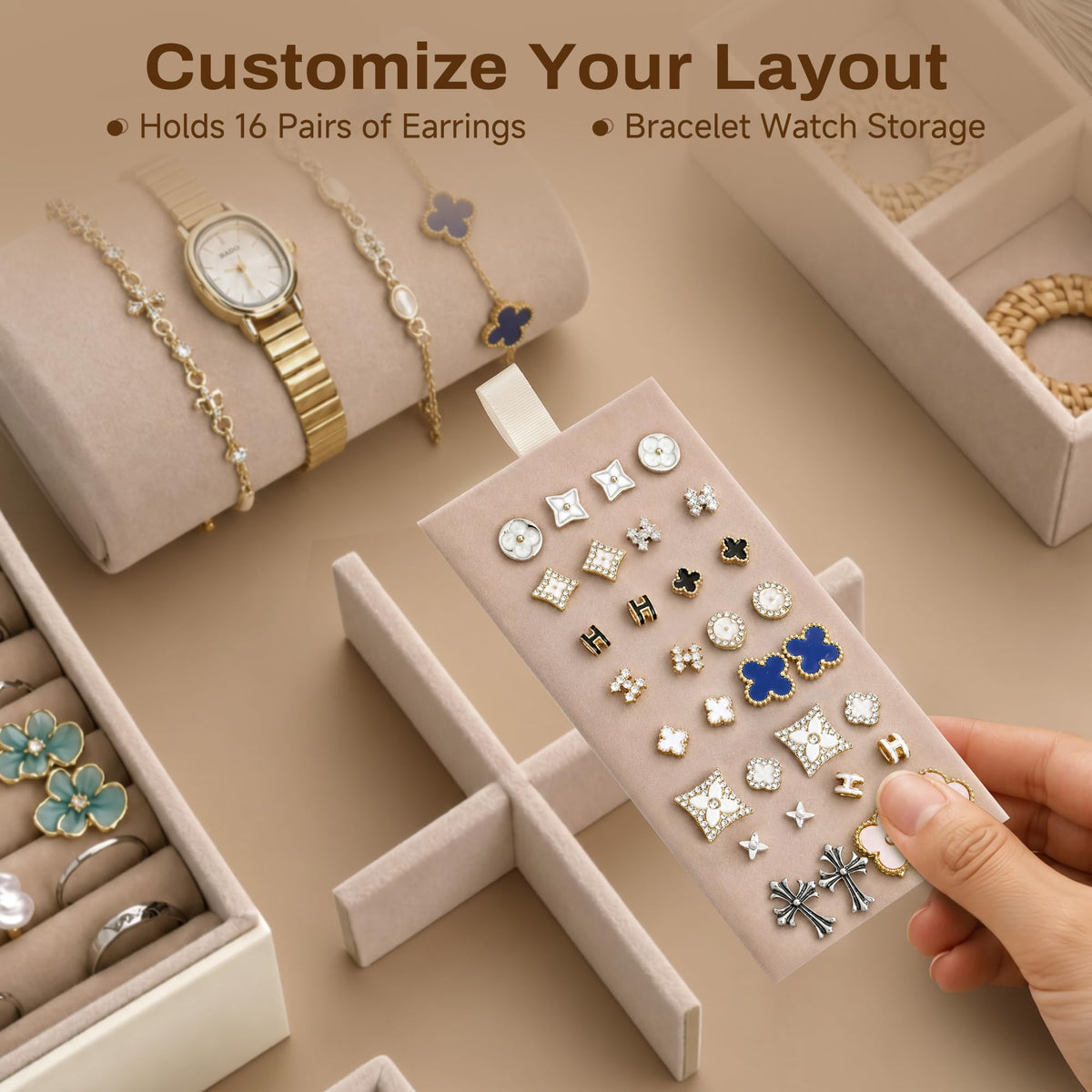 DUMIROICS 360° Rotating 5‑Drawers Jewelry Box with Top Handle & Glass Window, Spacious Vertical Jewelry Organizer, Jewelry Storage Case, Dustproof & Moisture‑resistant Design. (White)