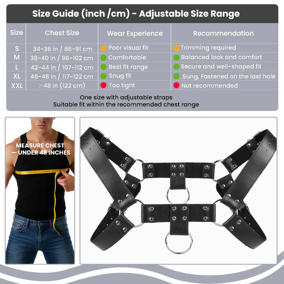 Mens PU Leather Chest Harness Costume Cosplay Top, Adjustable Body Harness Shoulder Straps Male Punk Fashion Steatement Rave Outfit for Music Festival Party Halloween Cosplay D88 (Black)