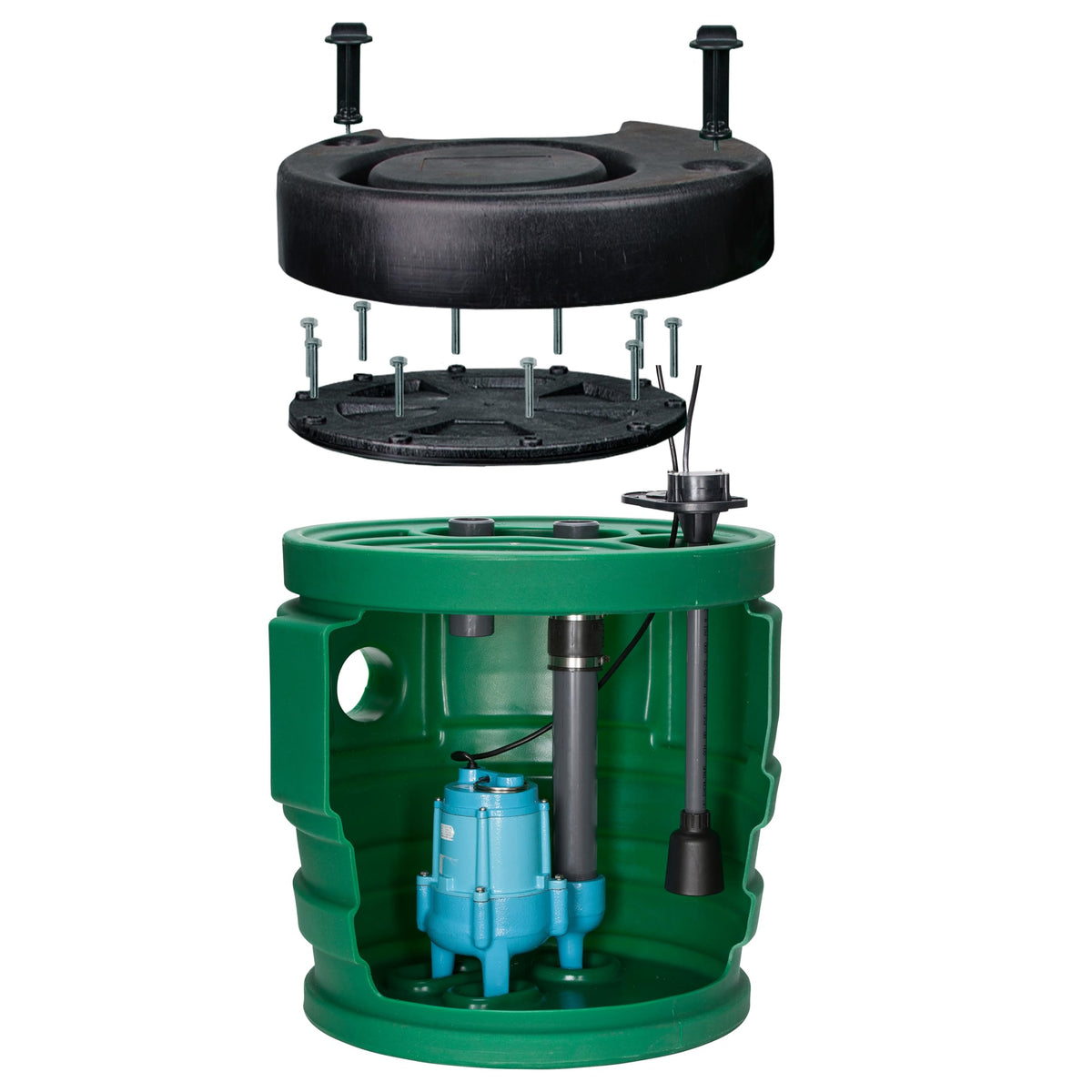 Little Giant 9JP2V2D Pit Plus JR Sewage Basin System with 115-Volt, 4/10 HP, 6000 GPH 9SC-CIM Sewage Pump, ECM Switch with 20-Ft. Cord, 2-inch Vent, 2-inch Discharge, Green/Blue/Black, 509687