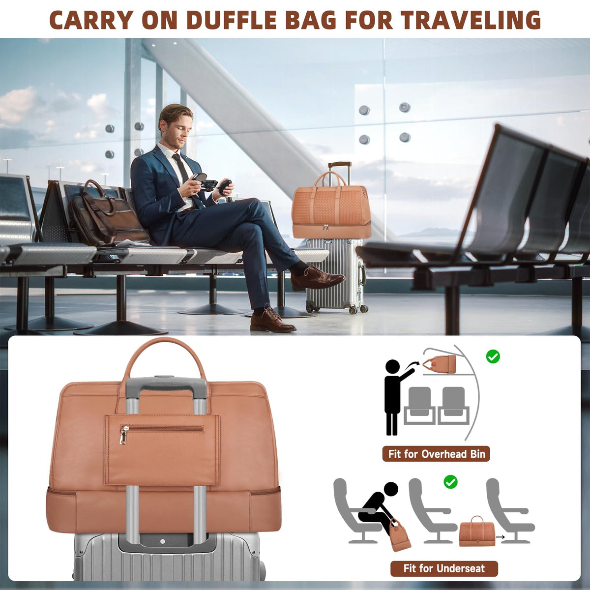 Bolosta Travel Duffle Bag for Men Women, PU Leather Duffel Bag for Traveling, Large Carry on Weekender Overnight Bag with Shoe Compartment, Perfect for Travel/Daily Use