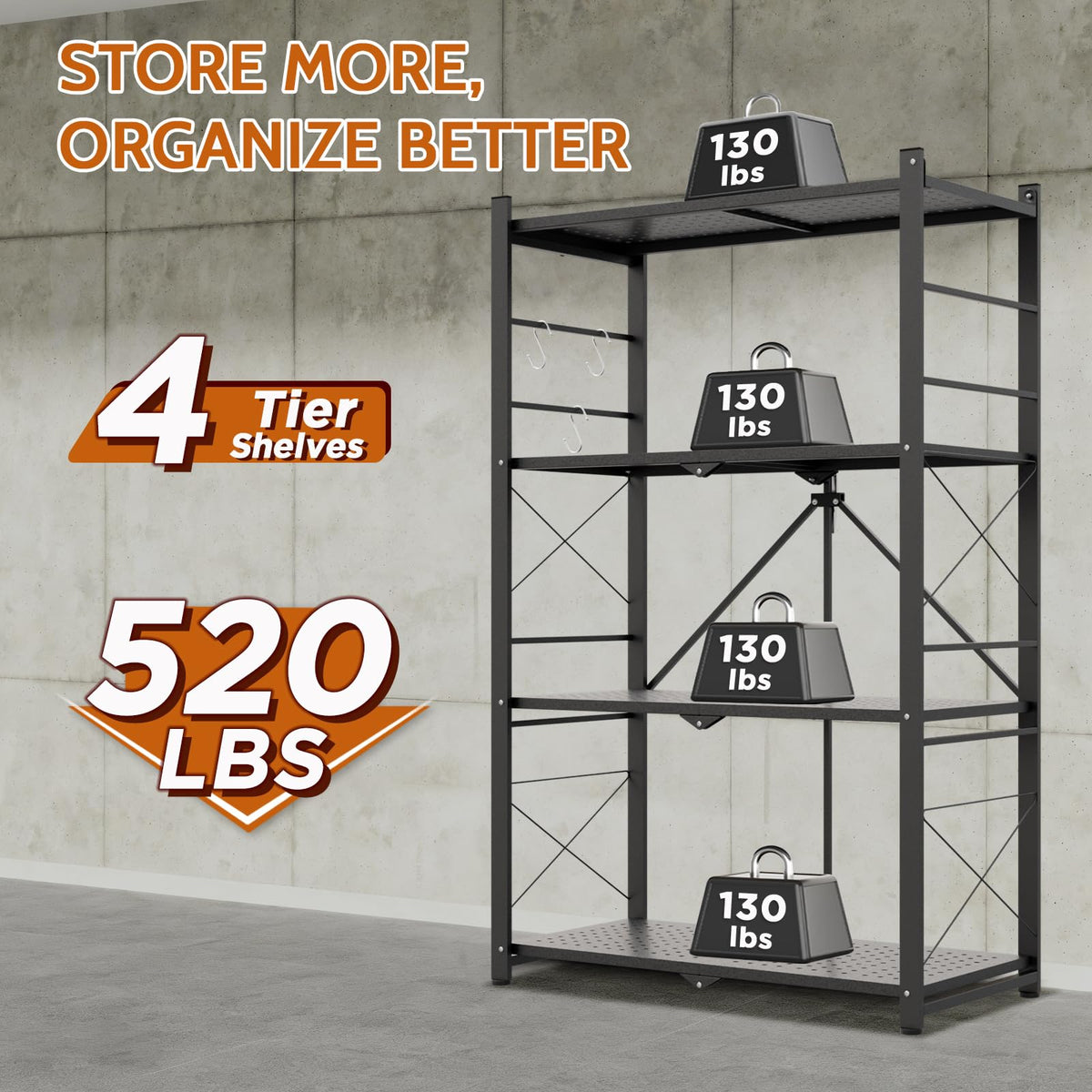 INTER HUT 4 Tier Foldable Greenhouse Shelving Unit, Heavy Duty Steel Plant Stand Storage Rack, No Assembly Required, 130lbs Per Shelf Capacity, 28"x14.6"x44.7”, 1 Pack, Black