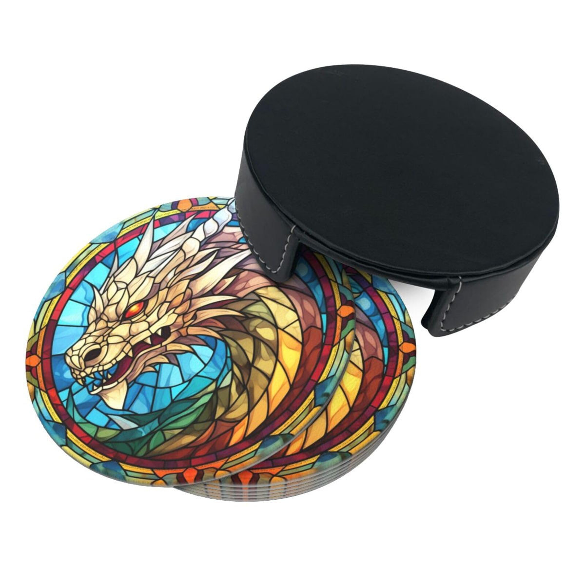 Dragon Drink Coaster Set of 6, Dragon Decor Gifts, Leather Drink Coasters with Holder, 6 Pack Cup/Bar/Drink Coasters for Table/Drinks/Coffee Protection Housewarming Gift (Dragon)