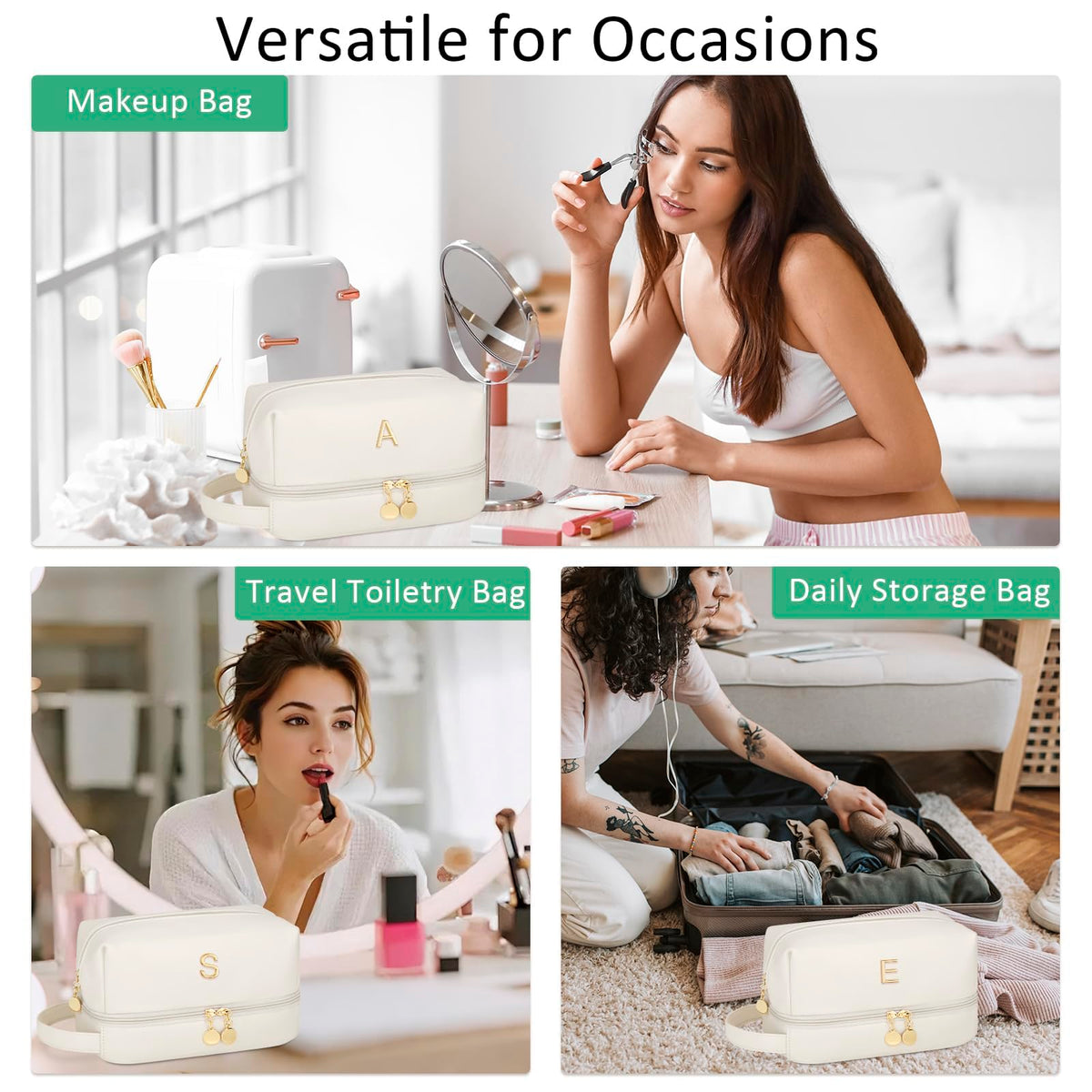 CLOUDWINGS Initial Makeup Bag for Women - Personalized Double Layer Cosmetic Bags with Makeup Brush Organizer, Hanging Travel Toiletry Bag with Large Capacity, Gifts for Mom Girlfriend Wife（Beige A）