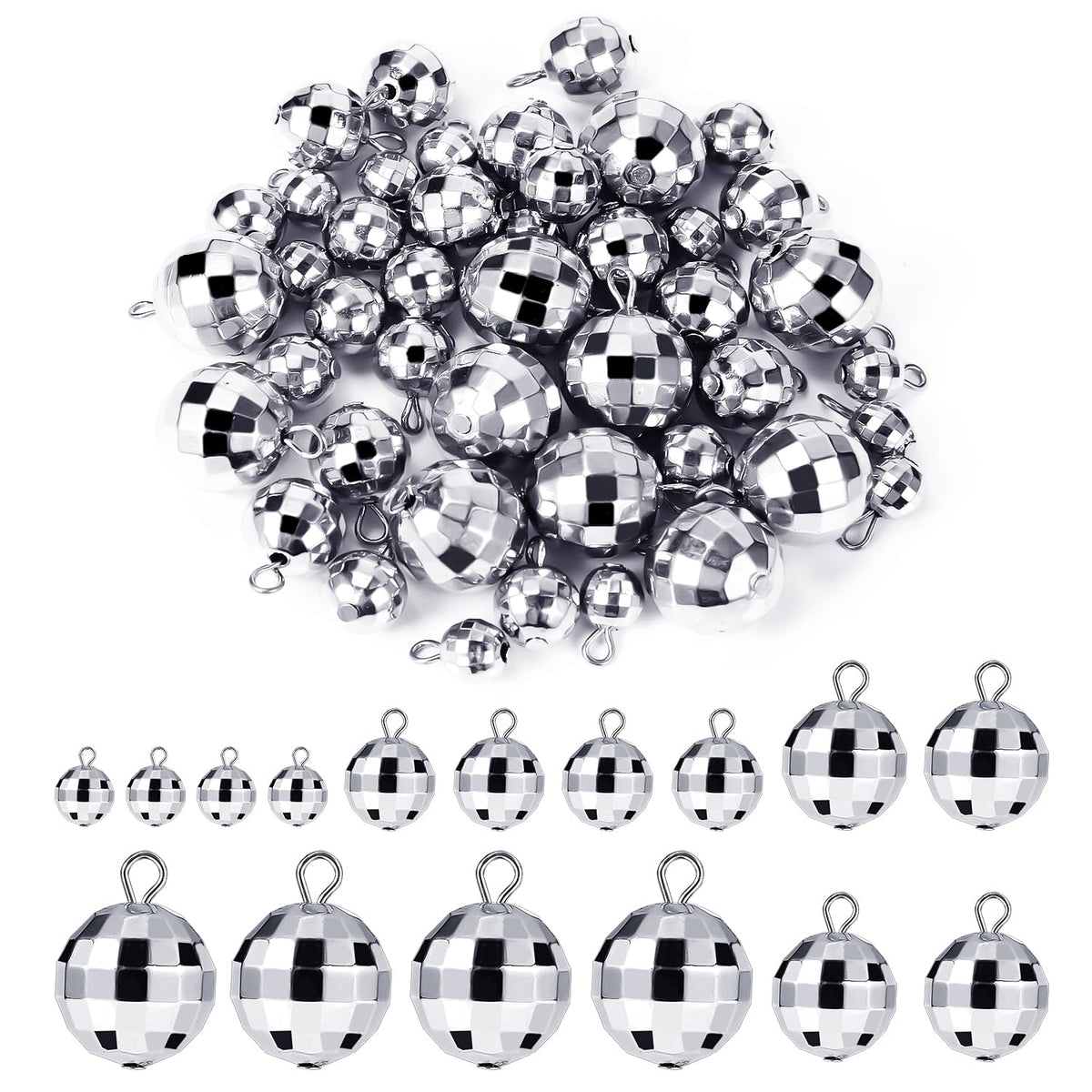 PEUTIER 48pcs Mini Disco Ball Pendants, Silver Alloy Steel Reflective Charms for DIY Crafts and Party Decorations