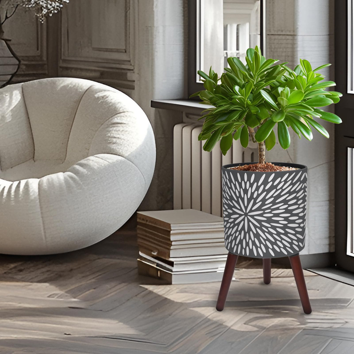 Opnons 12 Inches Plant Pot with Stand, Large Modern Standing Planters for Indoor Plants with Drainage Holes, Gray Flower Pots with Legs