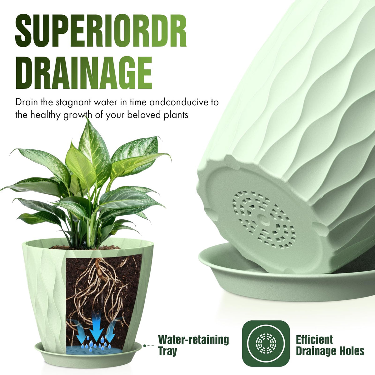 Areutxbis 8 Inch Wave Plant Pots with Drainage Holes & Saucers, 4 Pack Modern Textured Medium Planters for Indoor Outdoor Plants, Decorative Flower Pots Repotting Set for Flowers, Herbs (Green)