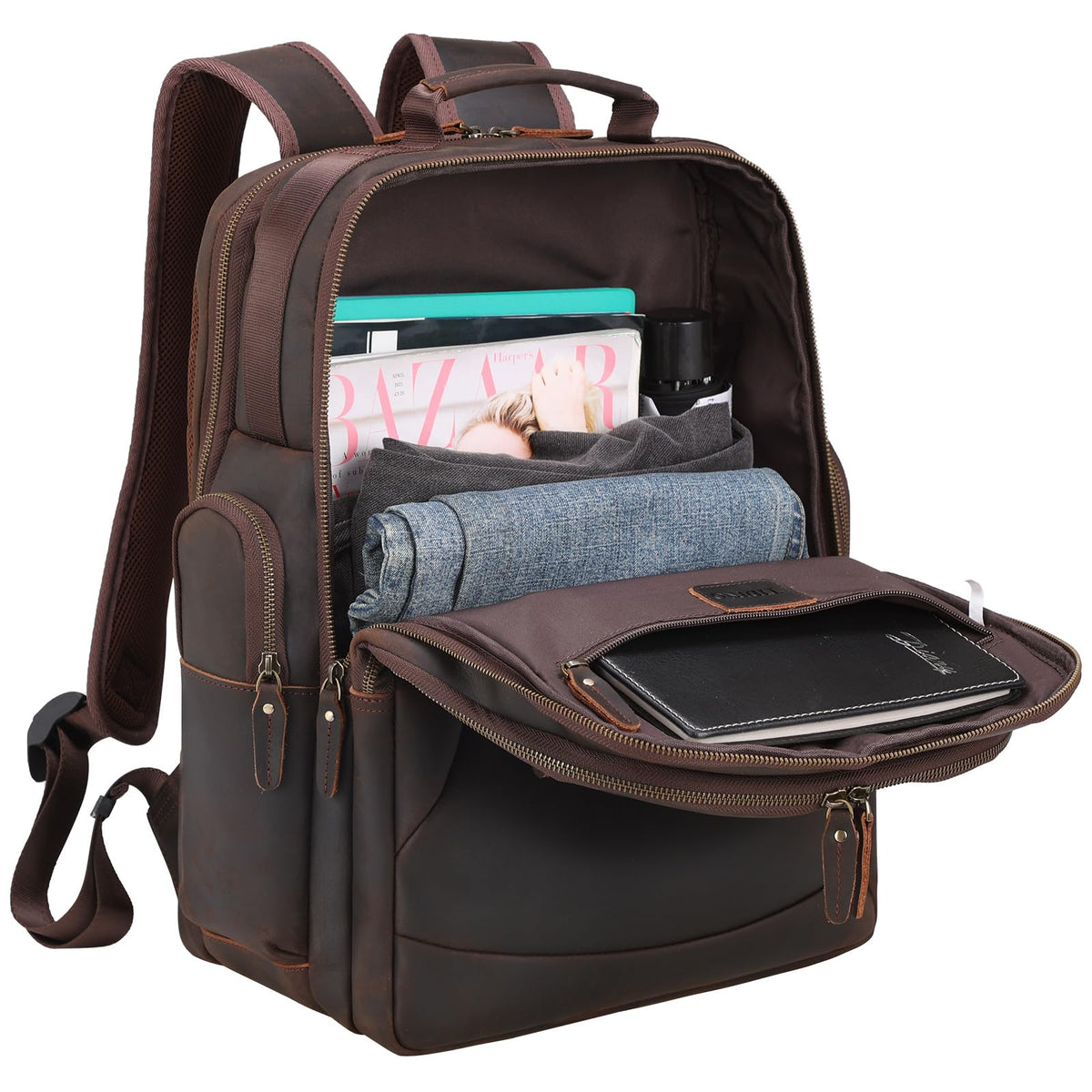 TIDING Full Grain Leather 17.3 Inch Laptop Backpack for Men Large Capacity Travel Weekender Camping Daypack Rucksack