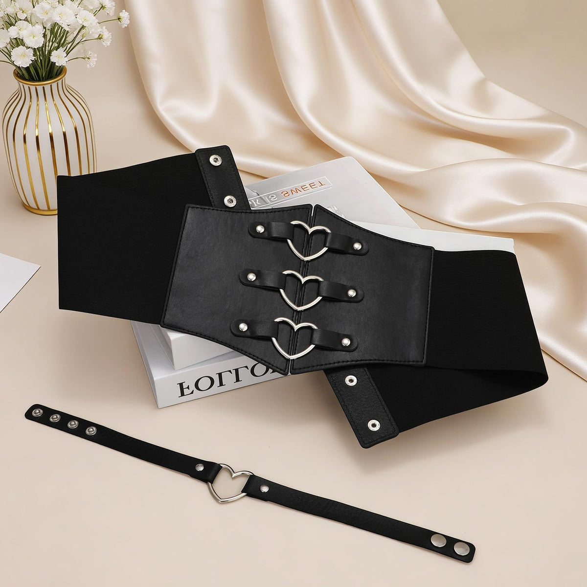 JKEEMI Women Corset Belt With Black Choker Set，Heart-Ring Wide Elastic Waist Goth Leather Corset for Daily Cosplay Halloween Costume Gifts