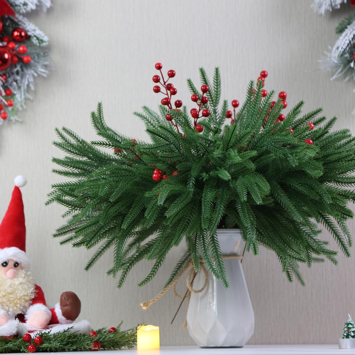 18" Real Touch Norfolk Pine Stems for Christmas Decoration, Artificial Pine Branches Greenery Stems for Vase, Christmas Picks for Xmas Tree,Wreath,Table,Planter,DIY Home Decor (12 Pcs Pine Branches)