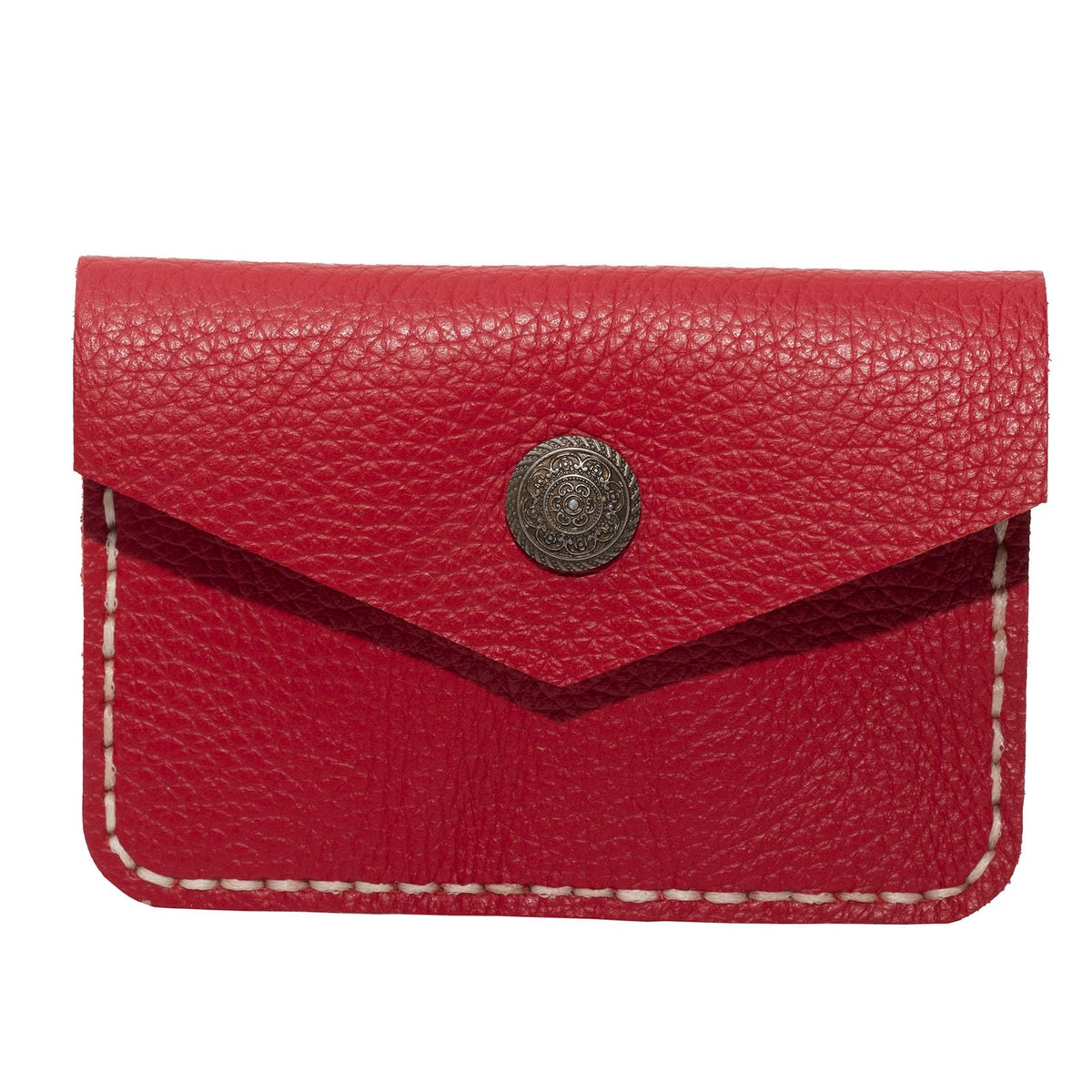 Guild Accessories Handstitched Red Leather Card case Wallet - Artisan Crafted Envelope Card Holder with Antique Brass Snap, Full-Grain Leather Slim Pocket Organizer (Red)