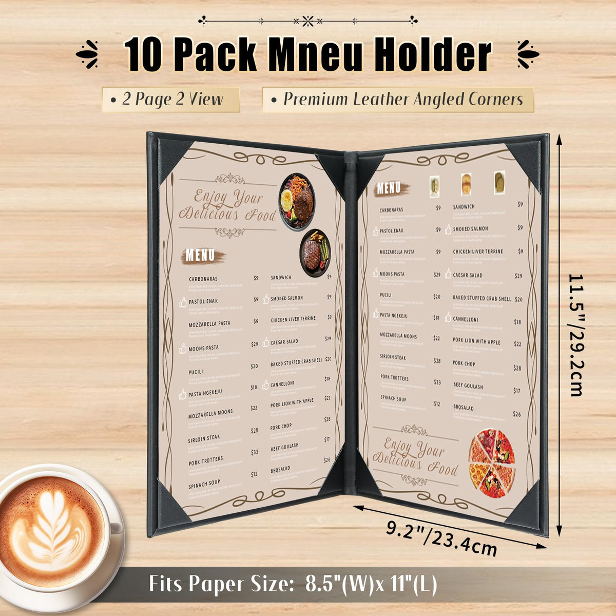 FLKQC Restaurant Menu Covers Holders 8.5 X 11, 10 Pack Synthetic Leather Menu Holder Covers Book Style with Angled Corners Black for Wine List, Certificate Organizer Diploma Holder (2 Page 2 View)