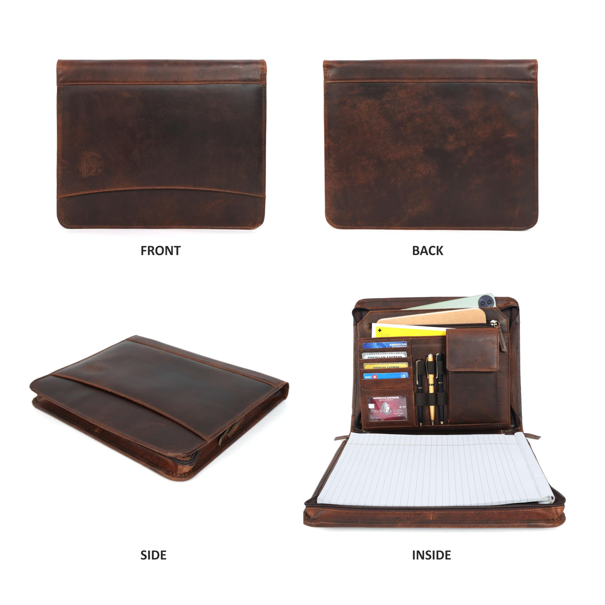 Leather Portfolio for Men, Portfolio Organizer with Zipper for Men Women, Leather Padfolios Business Resume Legal Pad Notebook Binder for A4/Pad (Brown)