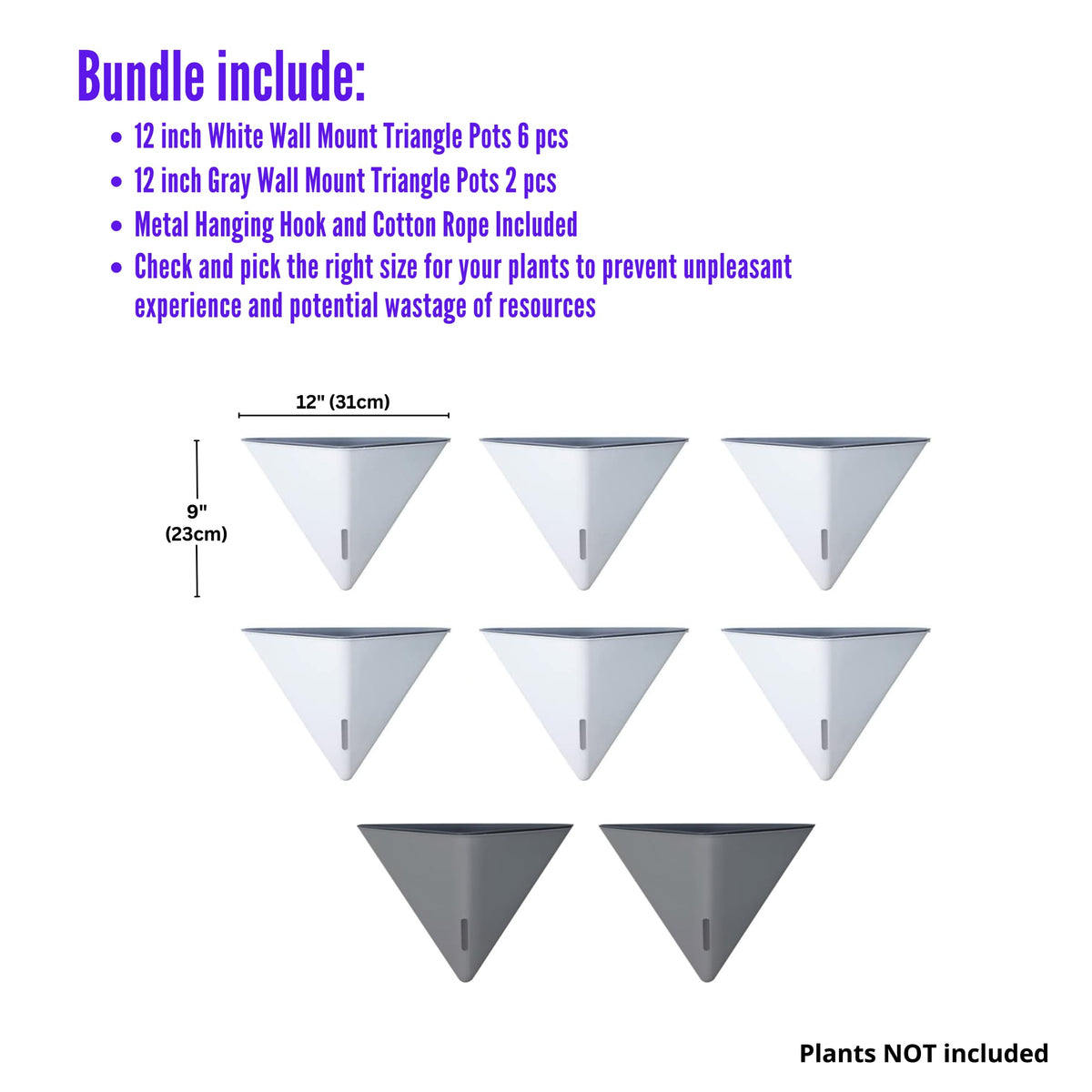 LaLaGreen Bundle - 12" x 6 Pack White + 12" x 2 Pack Gray Large Self Watering Geometric Hanging Flower Vase Vessel with Metal Hanger, Modern Stylish Wall Mounted Succulent Pot Holder Decor