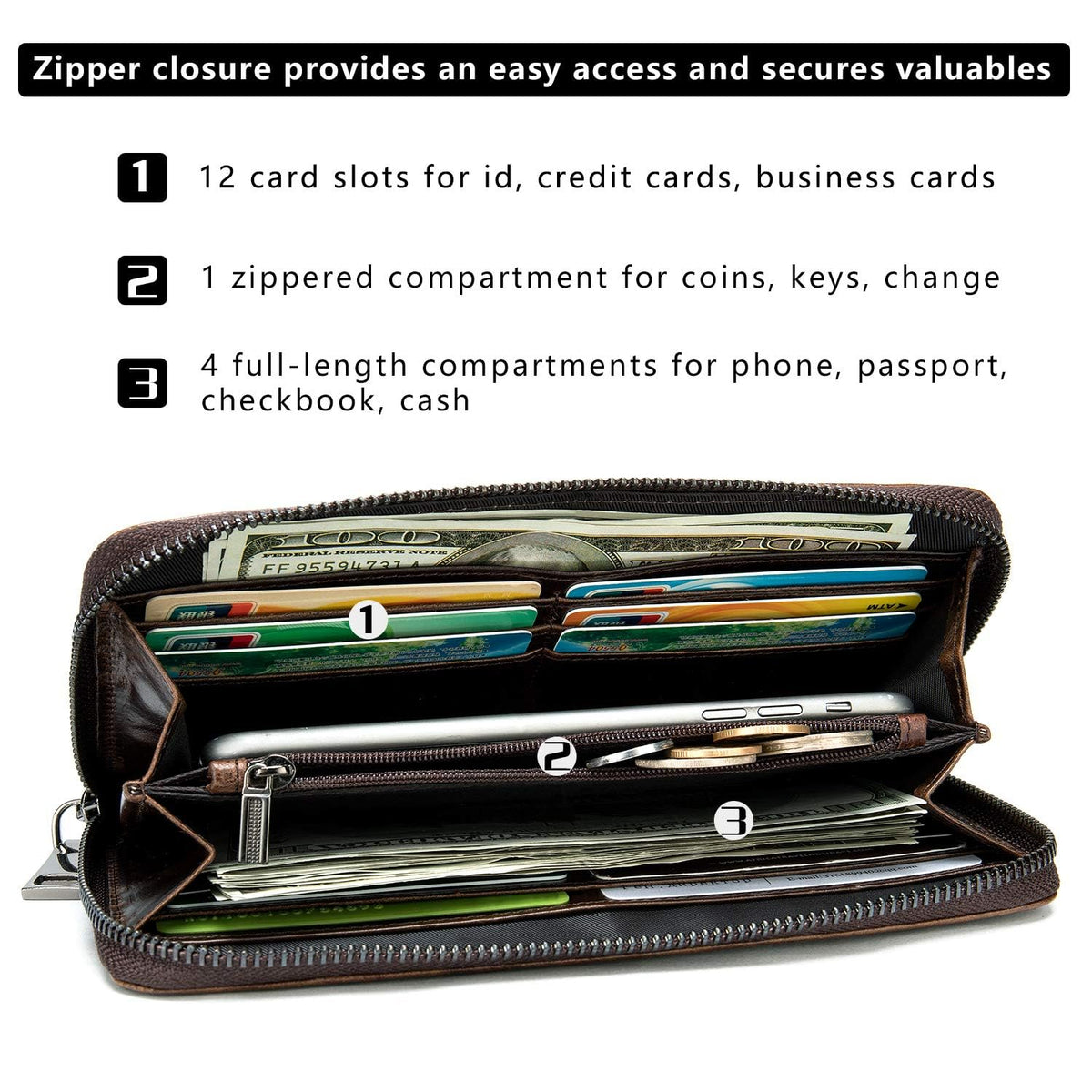 Glorixen Genuine Leather Clutch Bag for Men Handbag Multipurpose Wallet Fashion Card Holder Purse Fold Black (C-Brown)