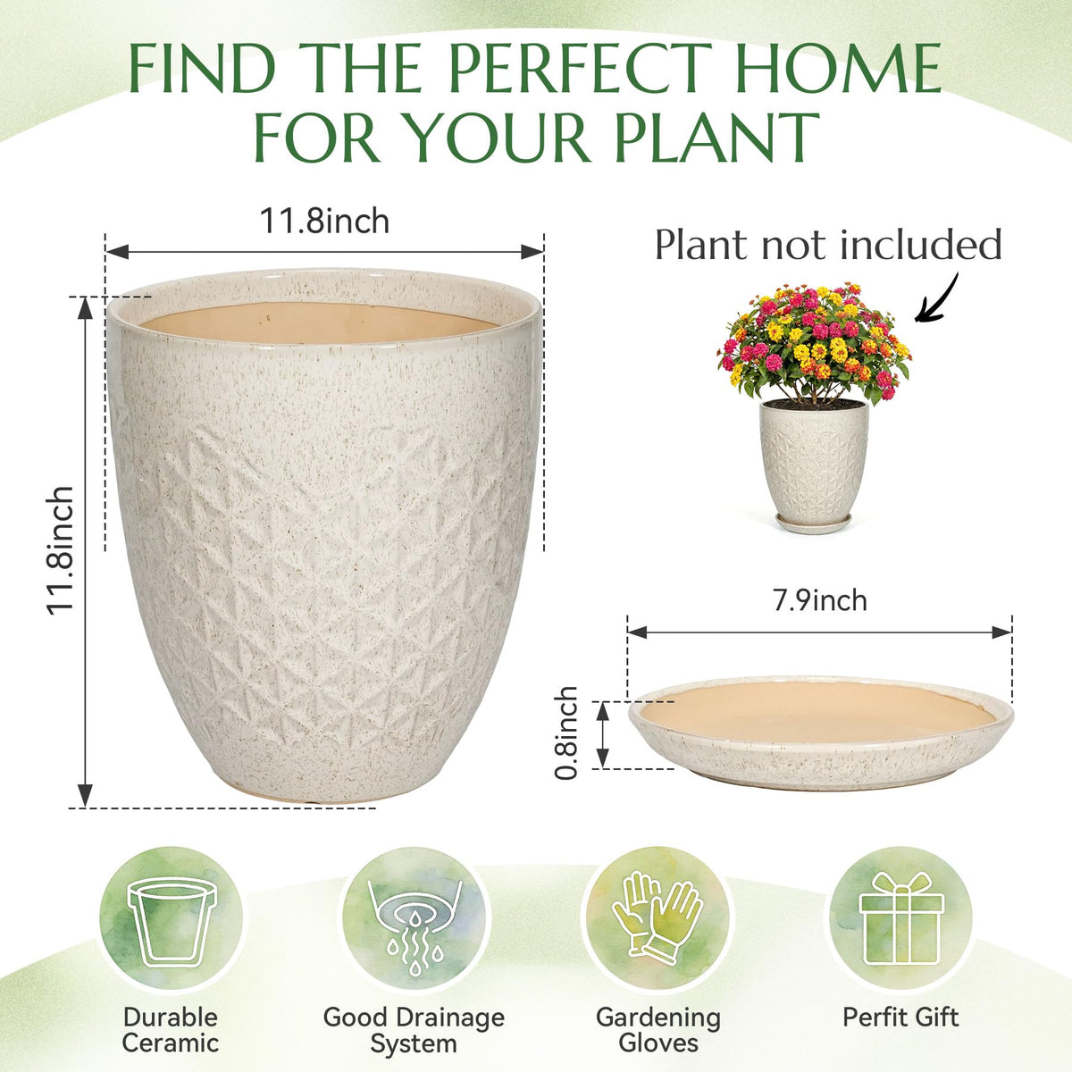 TOSELBAI 11.8 Inch Flower Pots for Indoor Plants,Ceramic Planter with Saucer Drainage Leak-Proof Mesh Gardening Gloves (Silk-White)