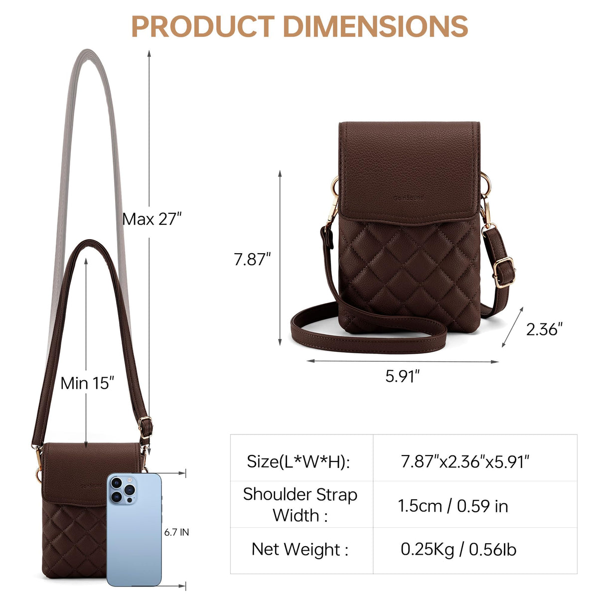 Goinsound Crossbody Phone Purse Quilted Cell Phone Crossbody Bag with RFID Blocking Card Slots Dark Brown