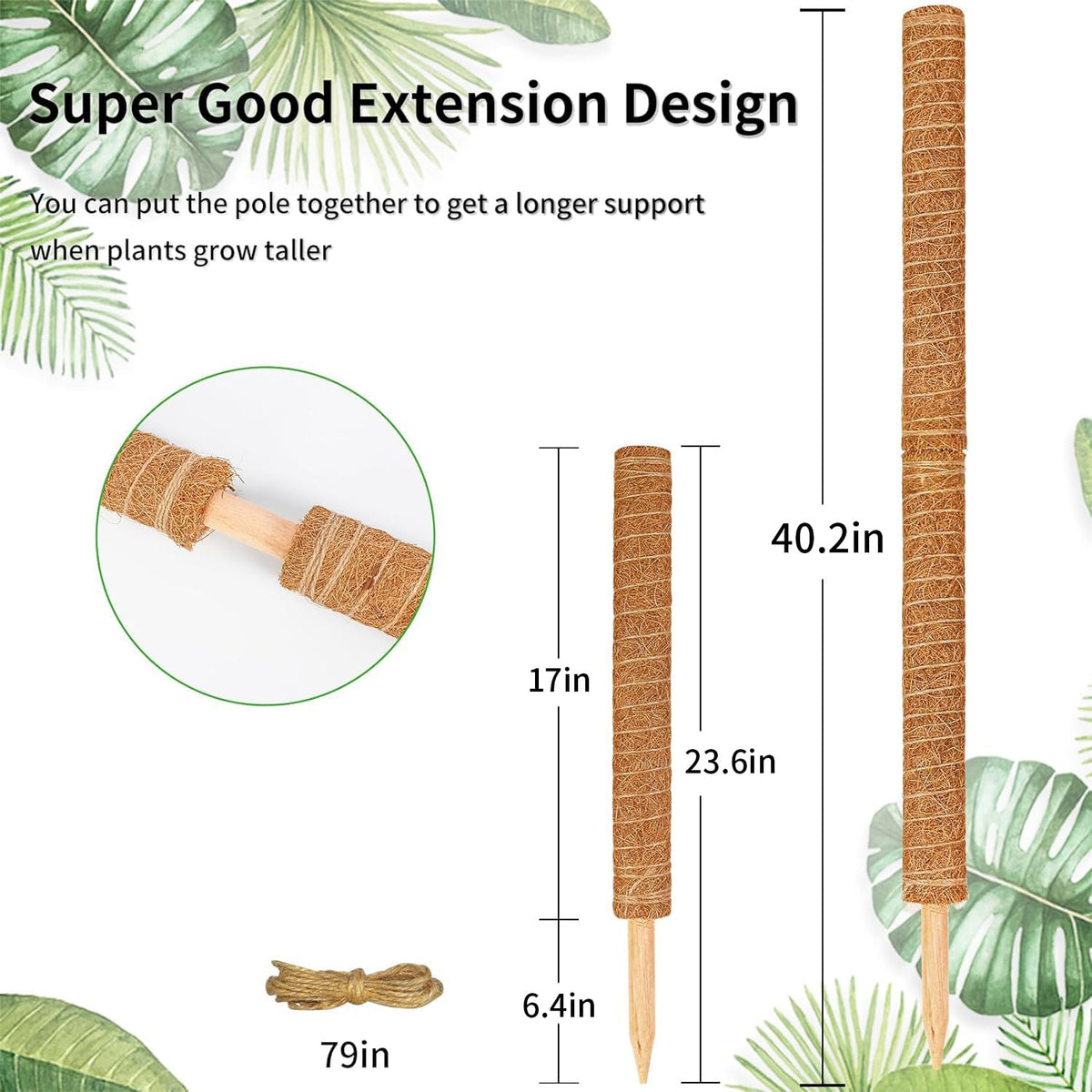 JJGoo Moss Pole for Plants Monstera,【8 Pack】 23.6 inch Plant Support Pole, Extendable Coir Totem Pole for Potted Plants Pothos, Train Indoor Climbing Plants to Grow Upwards