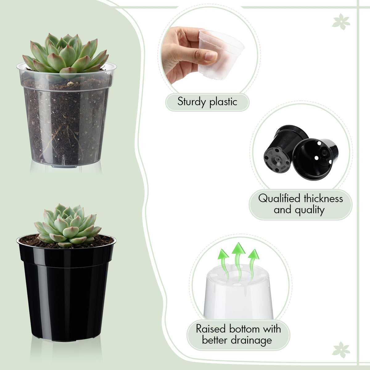 Sliner 200 Pcs 2 Inch Plastic Nursery Pot Mini Seedling Planter Flower Planting Pots Plastic Planters with Drainage Holes for Outdoor Indoor Flower, Starting Seedlings, Black, Clear