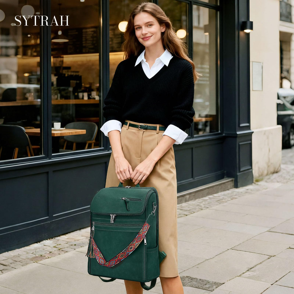 SYTRAH Leather Laptop Backpack for Women Designer Laptop Bag, 16.5 inch Travel Computer Backpacks Purse with Tassel for Work Business with Satchel Purse Green