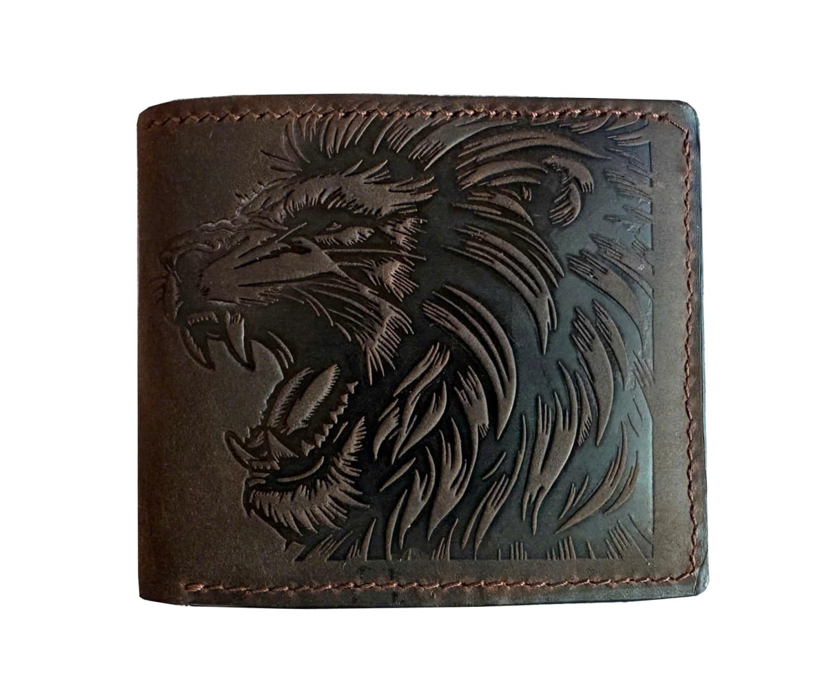 Mayan Corner - Genuine leather handcrafted wallet, bifold wallet with ID card slot, cool wallet for dad - Lion head