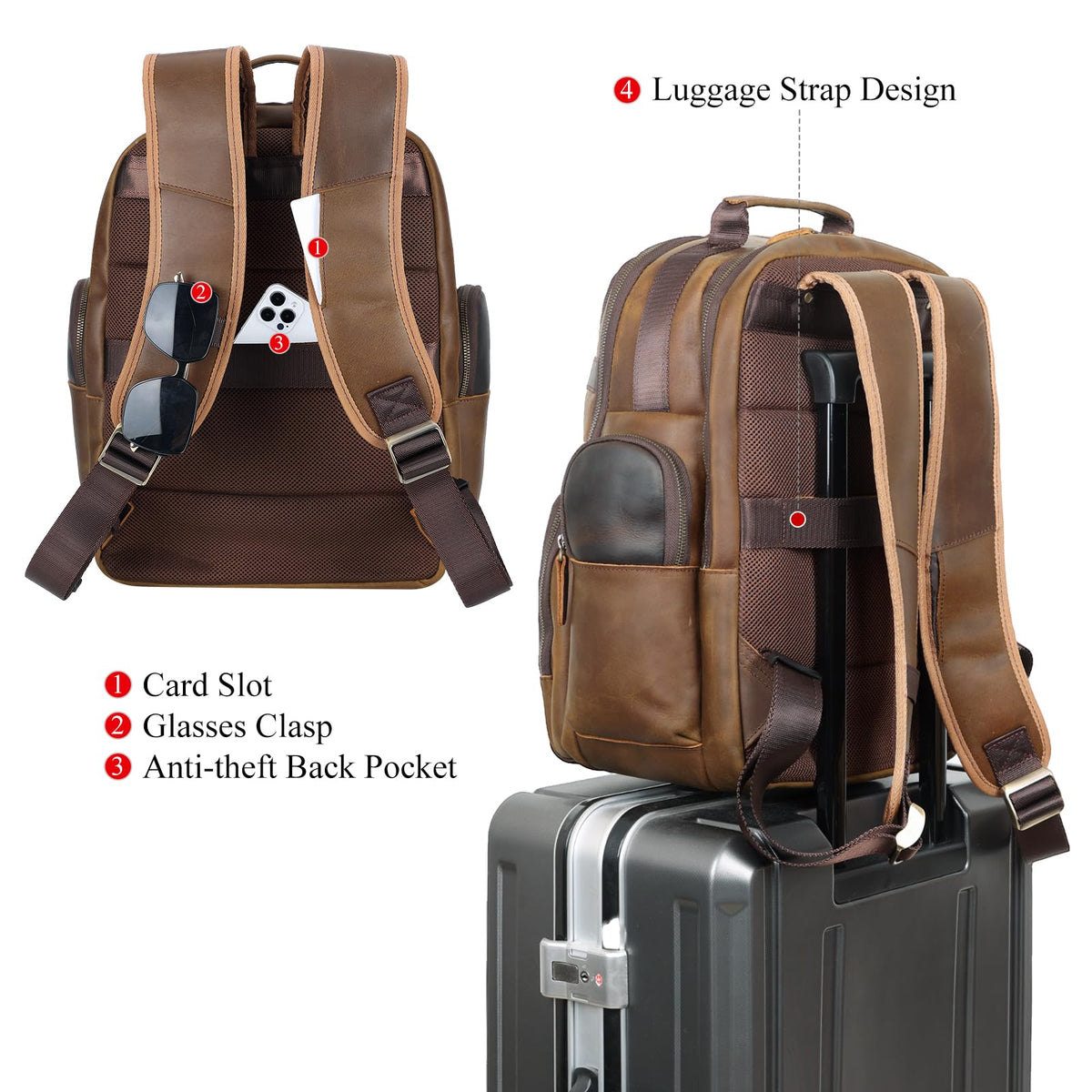 TIDING Men's Vintage Leather Backpack 15.6" Laptop Bag Large Capacity Business Travel Hiking Shoulder Daypacks