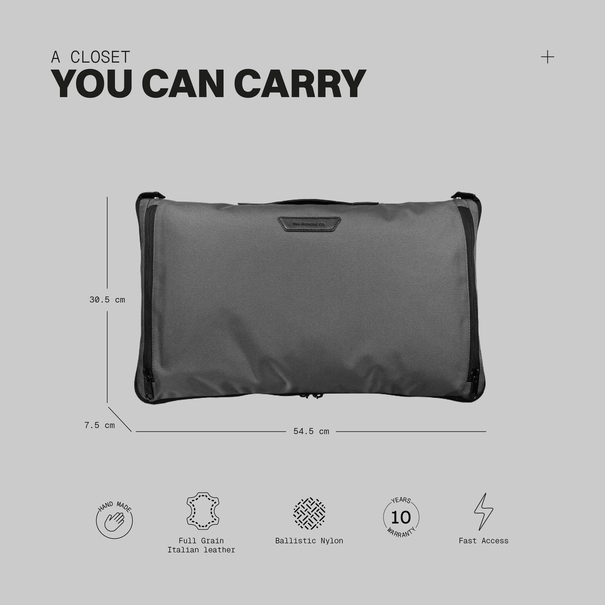 The Frenchie Co. - Closet Bag - Gray - Garment Travel Bag with Shoulder and Backpack Straps - Fast, No-Fold Packing; Fits up to 10 hangers and a pair of shoes; Ballistic nylon & Italian leather