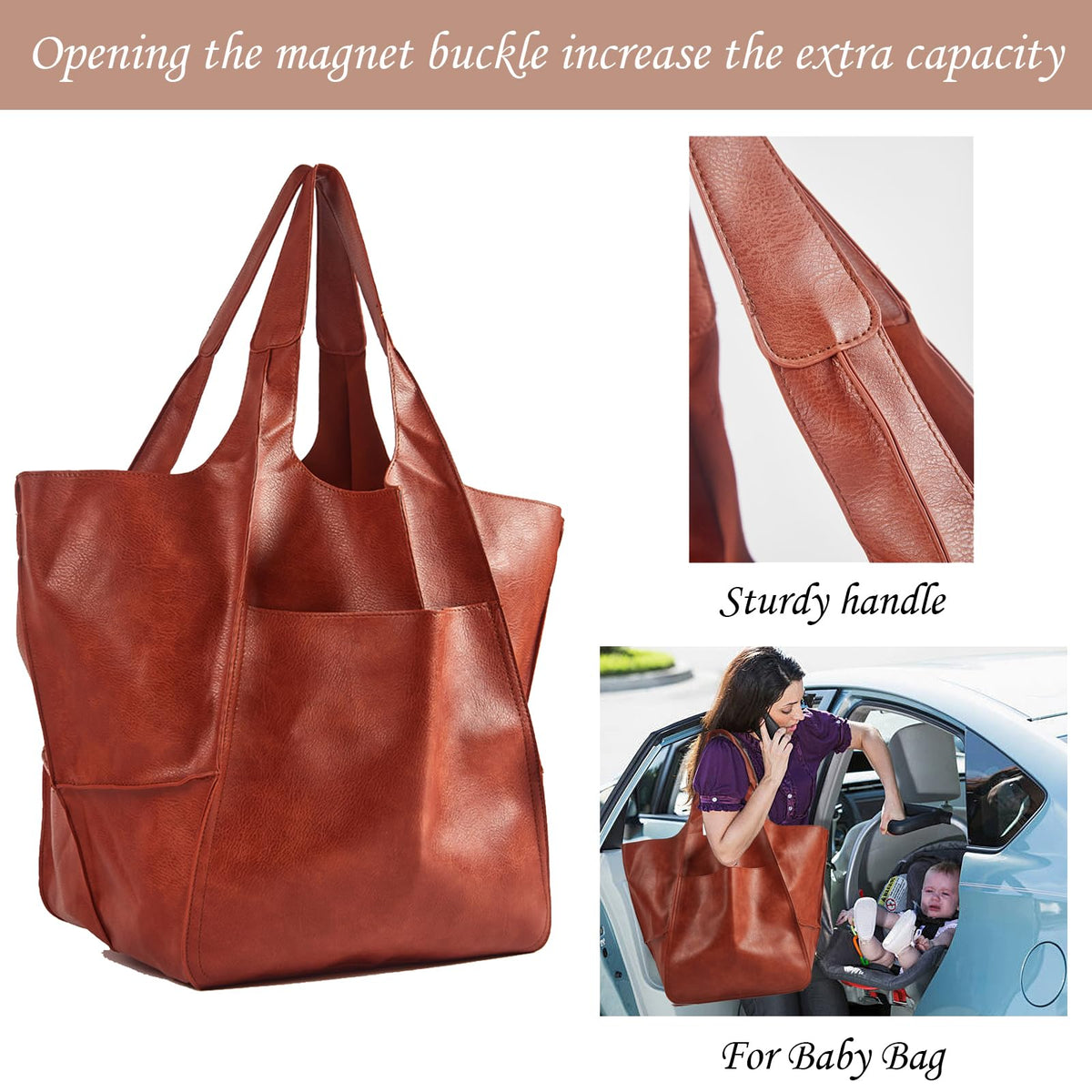 KlaOYer Oversized Leather Tote Bag Large Capacity Work Hobo Pu Leather Bucket Purse And Handbag Big Soft Travel Shopping Bag (Black)