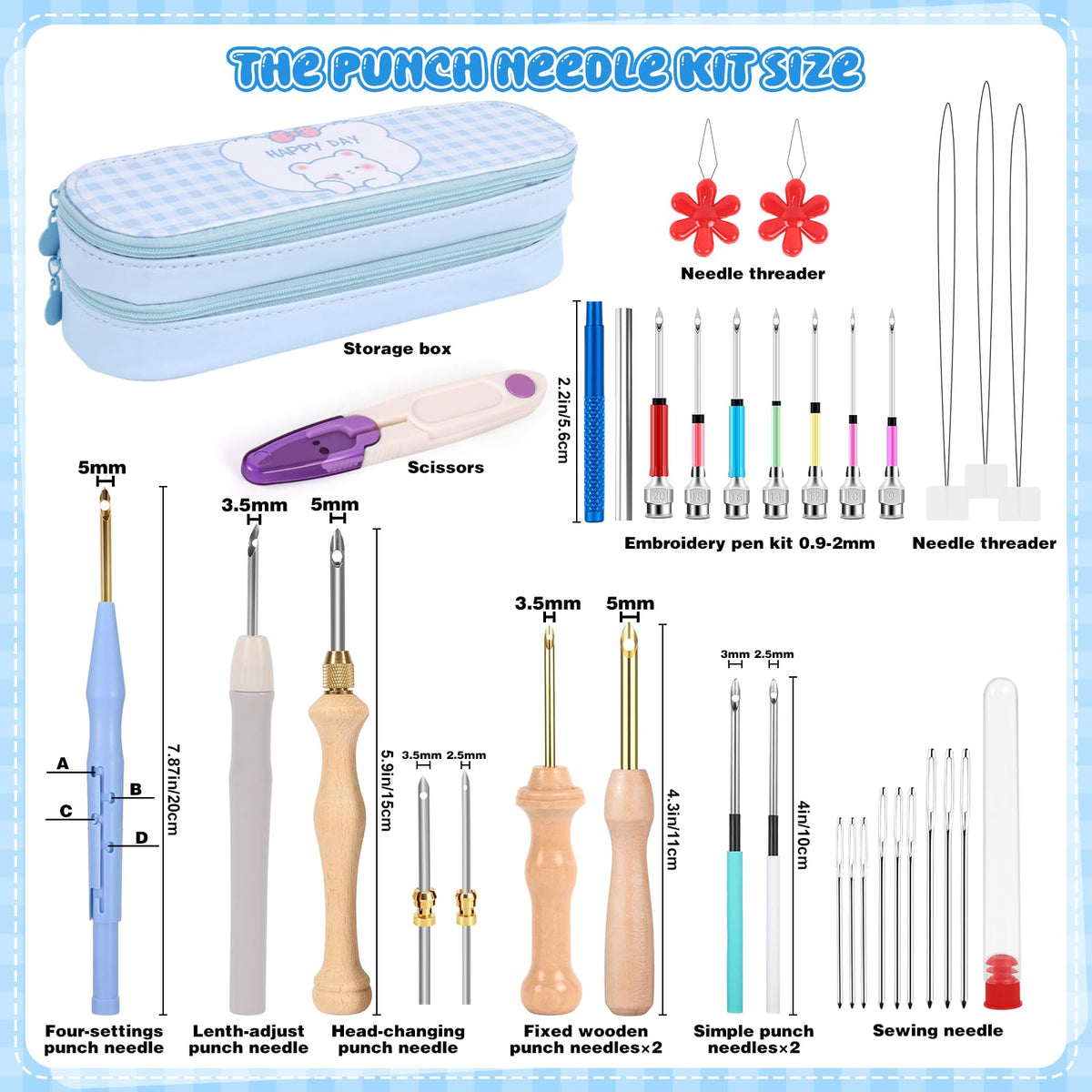 35Pcs Punch Needle Kit Adult Beginner, Adjustable Punch Needle Tool with Different Size Needles & Storage Case, Wooden Handle Embroidery Pen Set for Gifts, Decoration & DIY Craft Project