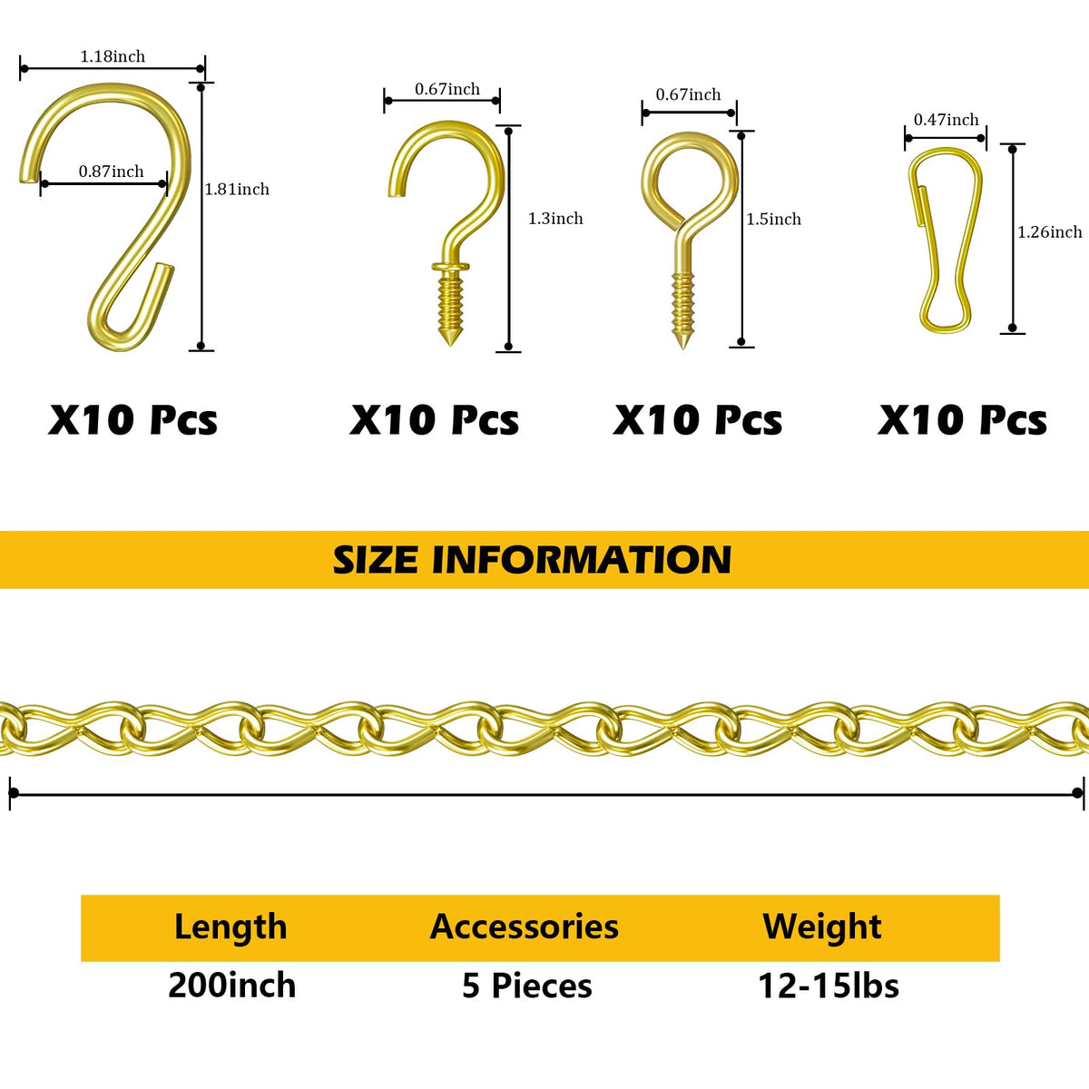 garini Hanging Plant Hooks,200 Inch Metal Glod Hanging Chain with S Hooks for Hanging Plants, Photo, Lantern, Billboards and Planters