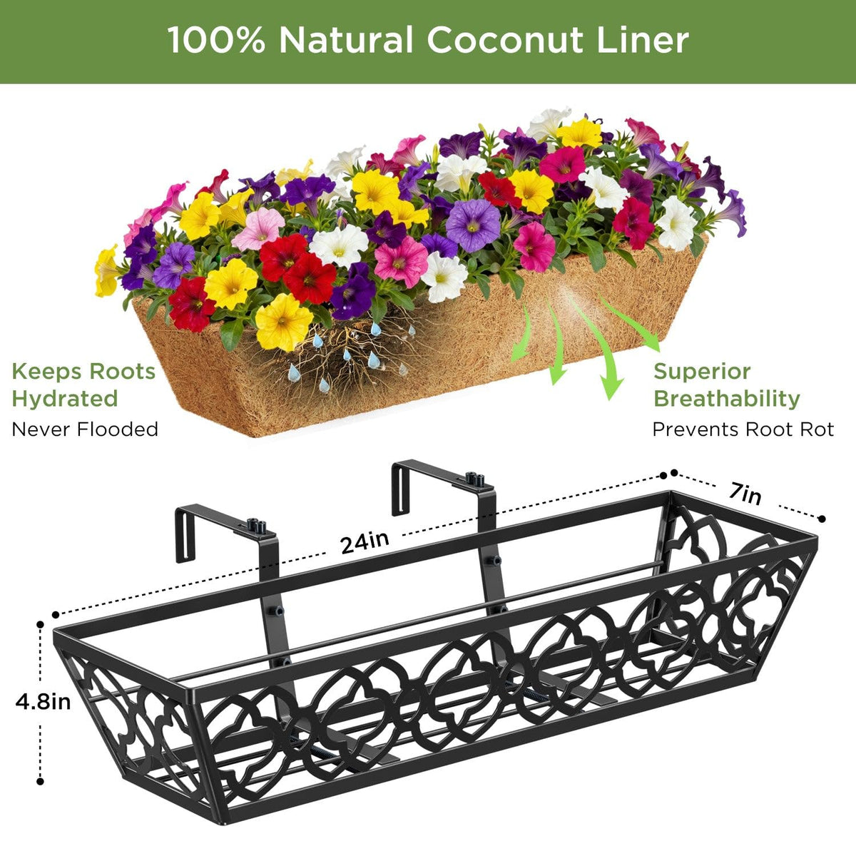 LAWYAMAI 24 Inch Railing Planter Box with Coco Liner, Adjustable Metal Hanging Planter, Window Box for Balcony Deck Fence, Outdoor Flower Box Black, 2 Pack