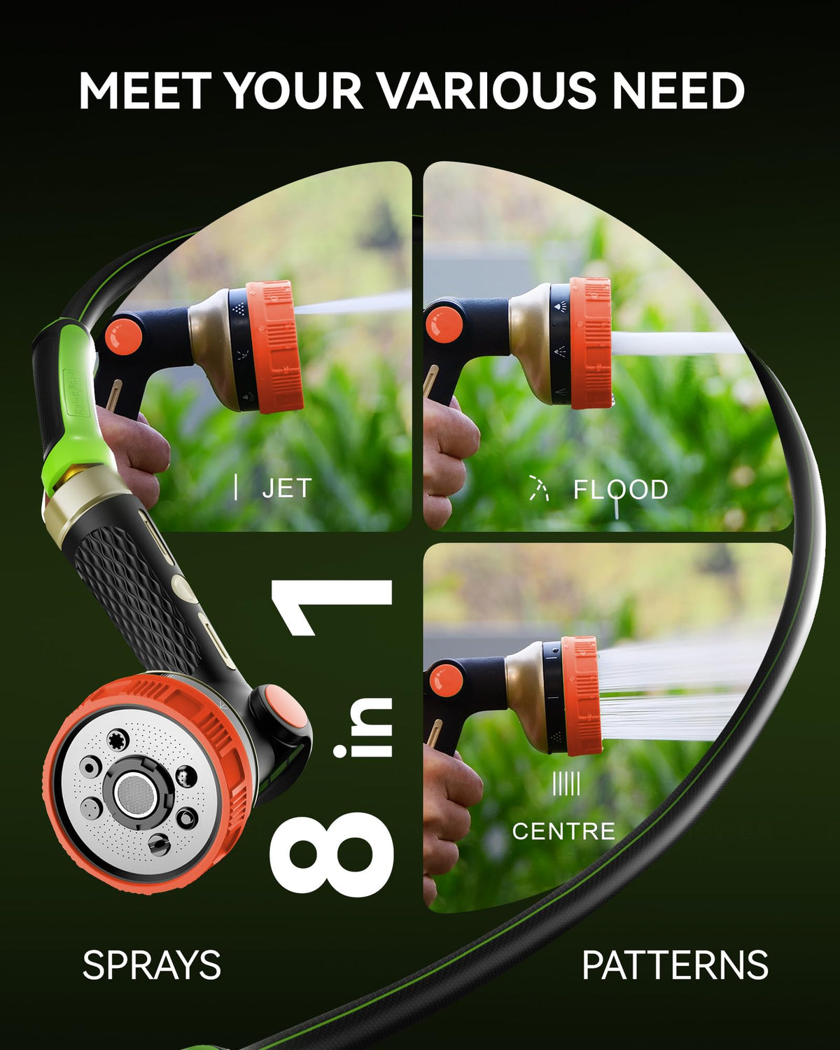 RAINPOINT Hose Sprayer Nozzle Heavy Duty - 8 Spray Patterns Garden Hose Nozzle with Adjustable Flow Control for Watering Plants, Washing Cars,Washing Pets, Thumb Control (Orange)
