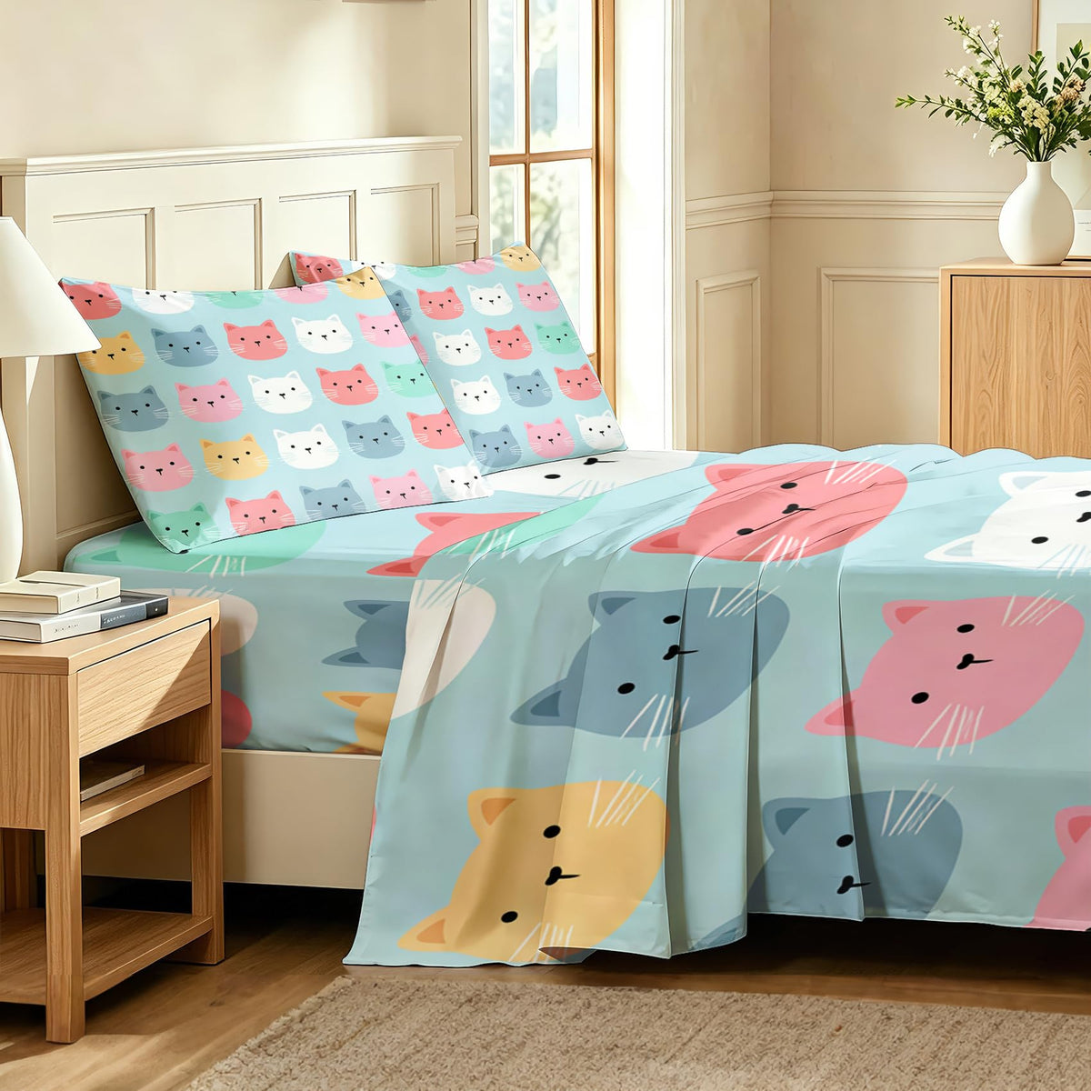 Cute Cat Sheet Set, 4 Pcs King Size Girls Kitten Bed Sheets