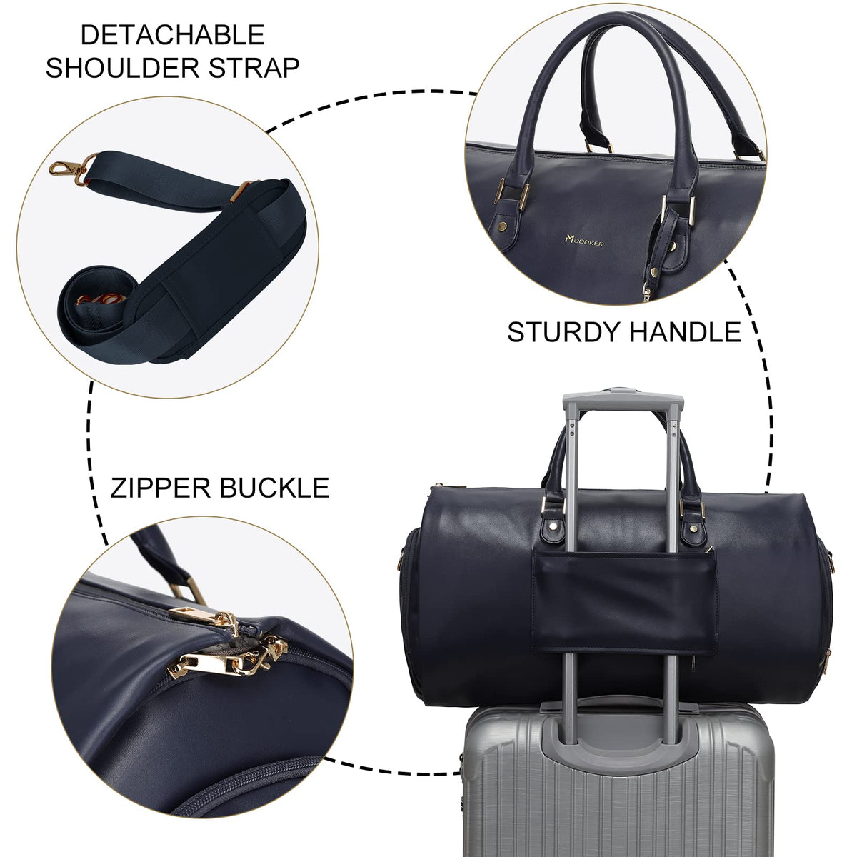 Modoker Women Convertible Leather Garment Bag with Shoulder Strap, PU Leather Garment Duffel Bag Carry on 2 in 1 Hanging Suitcase Suit Travel Bags, Blue
