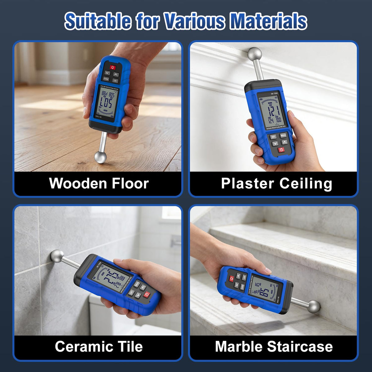 Moisture Meter, Wood Moisture Meter Rechargeable for Drywall Measurement, Pinless Moisture Meter with 20-100mm Measuring Depth for Detecting Humidity Level in Walls, Lumber, Masonry (Blue)