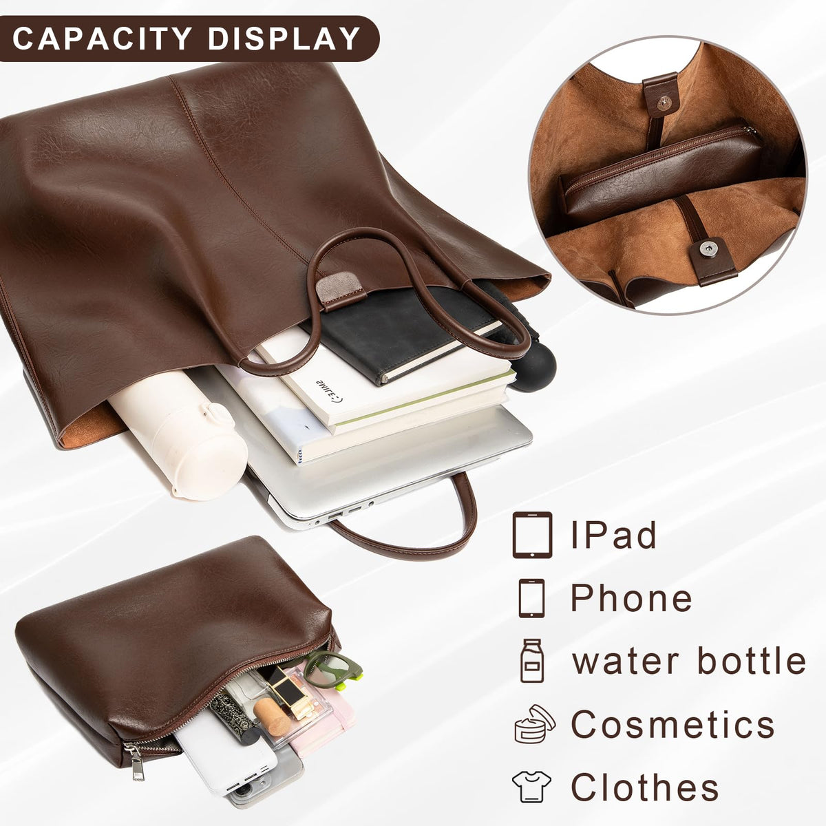 Tote Bag For Women Large Capacity Soft Leather Purse With Interior Pouch Multi-Use For Daily Commute Work Travel (Coffee-L)