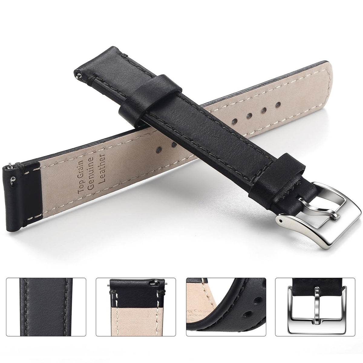 Artthurse Top Grain Leather Watch Band, Quick Release Genuine Leather, 18mm 20mm 22mm Watch Strap for Men and Women (Black/Silver, 20mm)