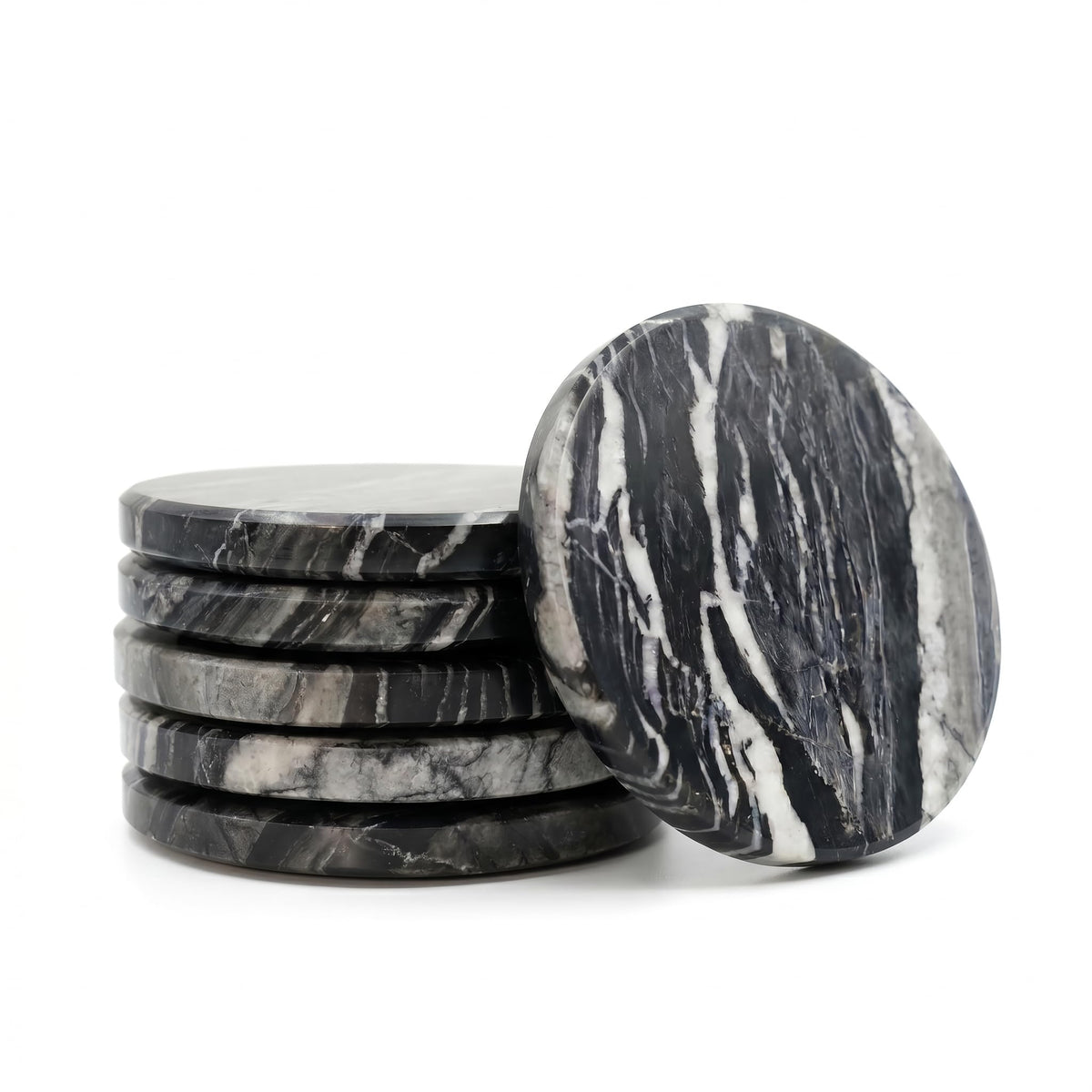 Adepies 3.5" Round Marble Coasters Set of 6, Black Natrual Water-Resistant Stone Drink Pads, Handmade Polished Cup Mats, Non Slip Backing, Office Bar Coffee Table Decor, New Home Housewarming Gifts
