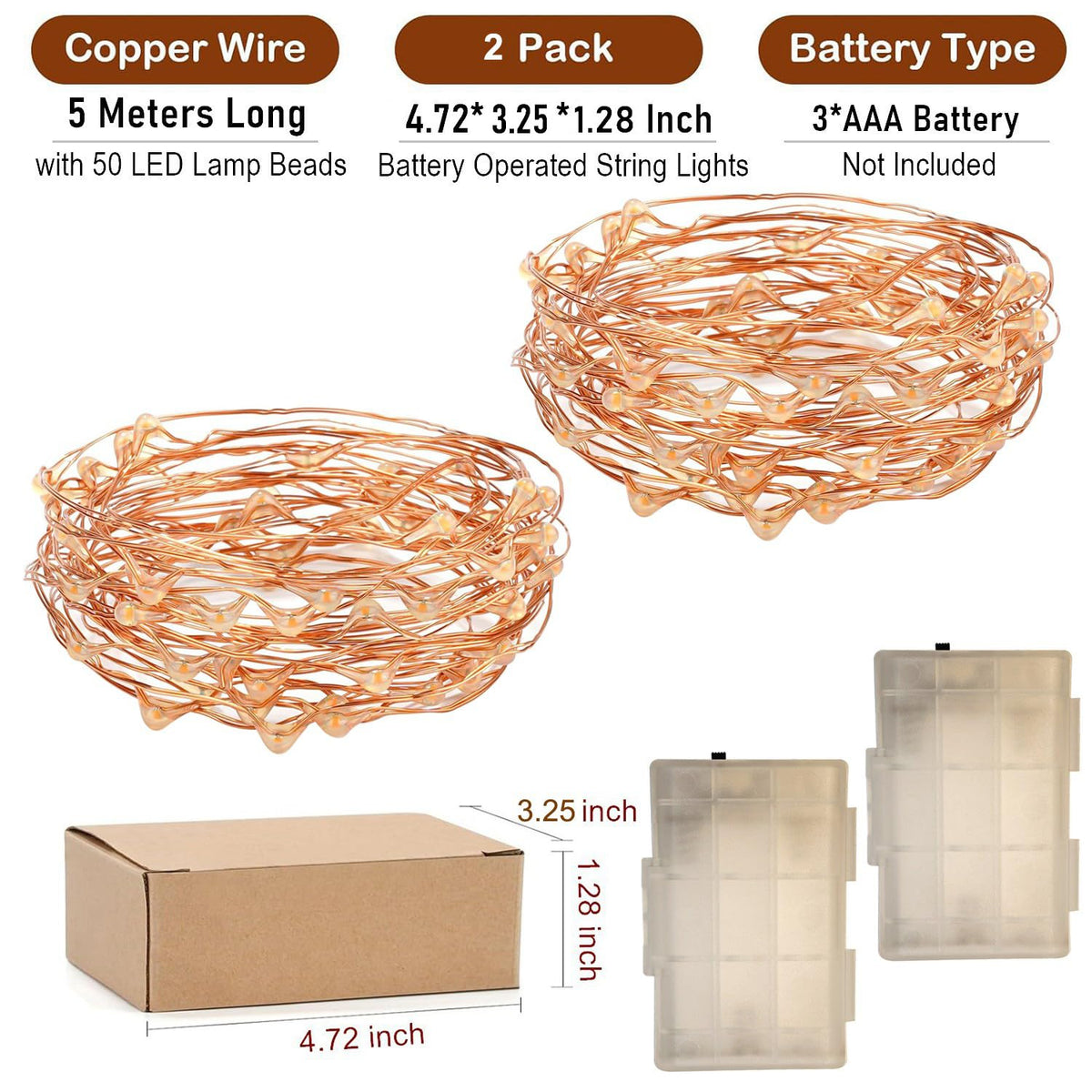 RUICHEN 16 Ft Copper Wire LED Fairy String Lights, 50 Lights, Battery Operated, 2 Pack, Orange, Model TB-5M50L