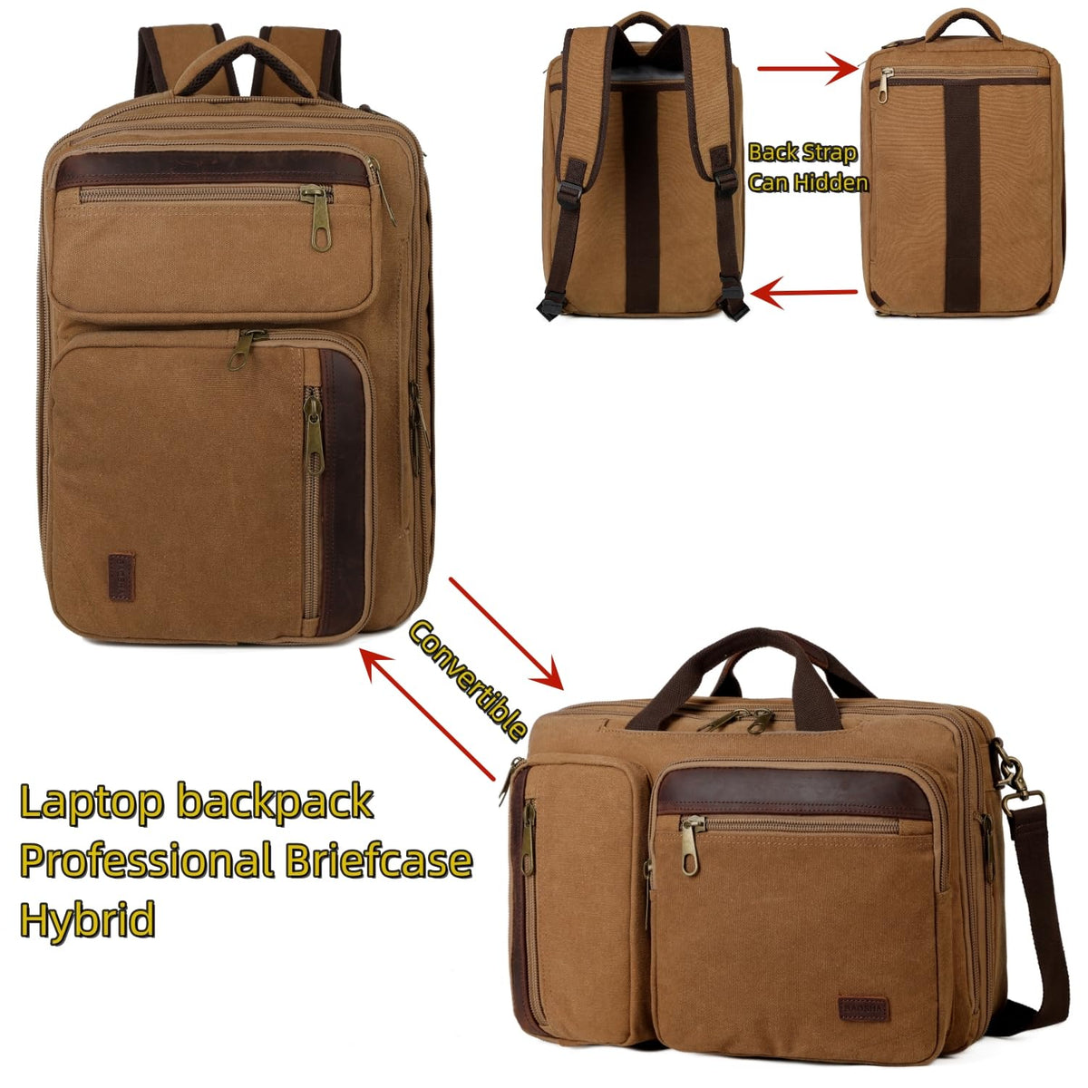 Baosha Real Leather Canvas Laptop Backpack Briefcase Hybrid 15.6 Inch Laptop Travel Backpack College Backpack for Men BC-04 (Brown)