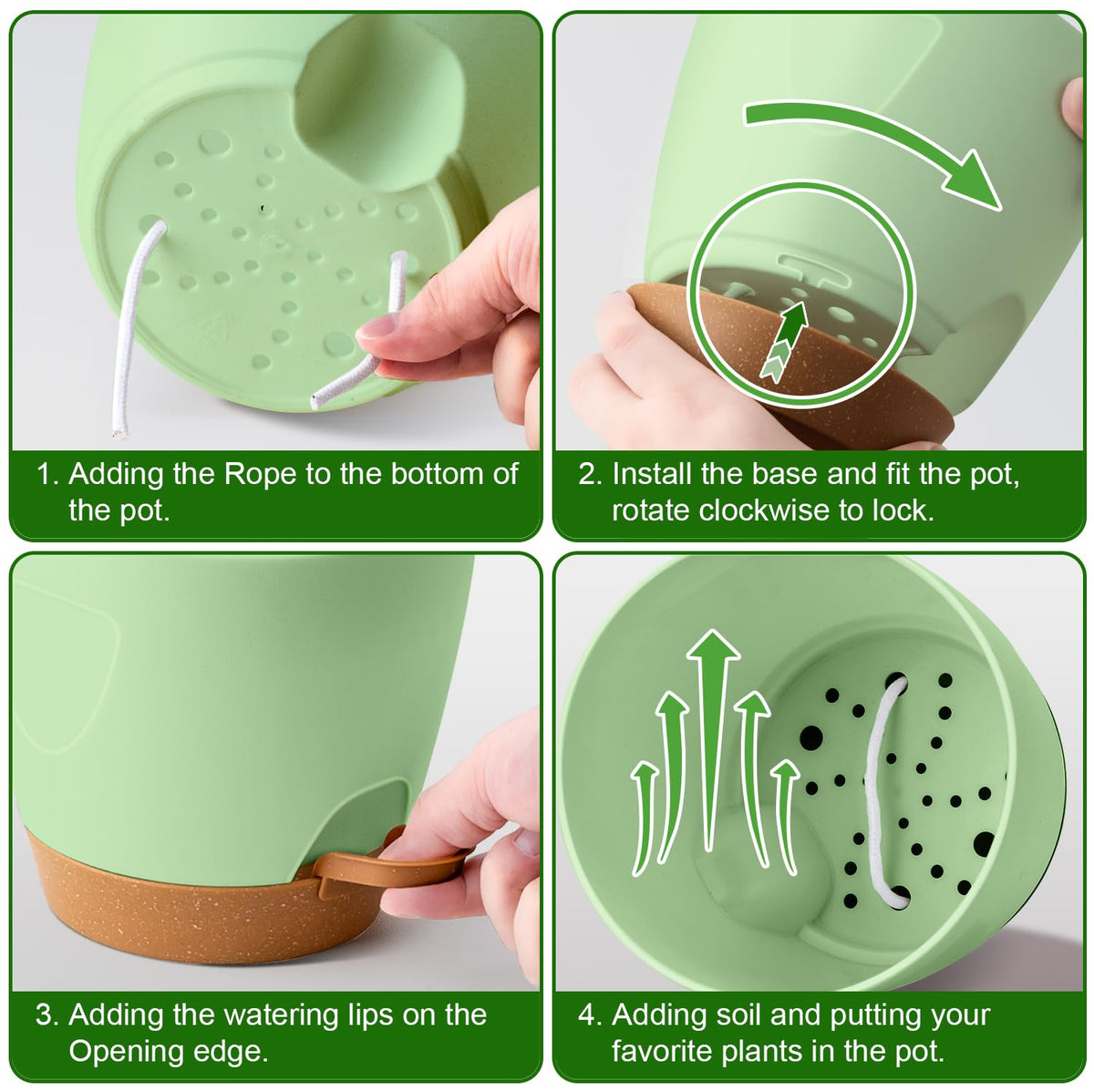 5-Pack Plant Pots with Drainage 7/6.5/6/5.5/5 Inch Self Watering Pots for Indoor Outdoor Plants, Plastic Flower Pots with Drainage Holes and Removable Saucers, Plant Pots with Wicking Rope (Green)