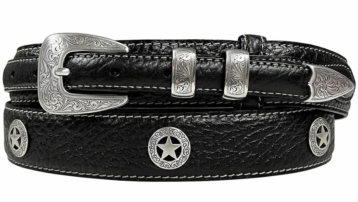 Silver Engraved Ranger Star Concho Genuine Leather Western Ranger Belt (Black, 42)